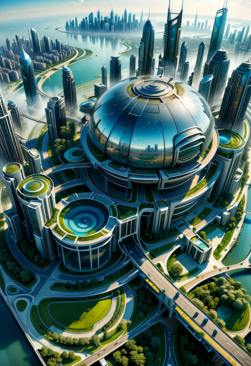 The perspective of aerial photography allows us to overlook the,Seeing the aerial perspective of the early morning scene of future city concept art will give you a unique visual experience
(Aerial View)wide angle, Professional photography, art photography, intricate details, Super detailed, Surreal, 8k ultra high definition master works