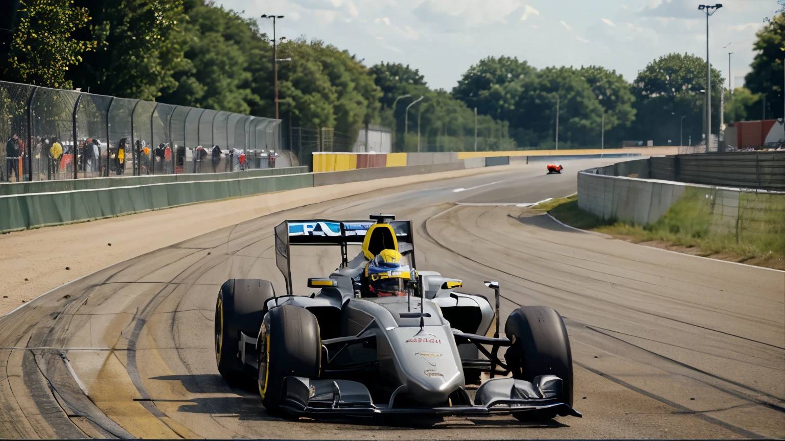small gray formula f-1000 car on the start of the speedway racetrack, cinematic clip, front view, yellow helmet