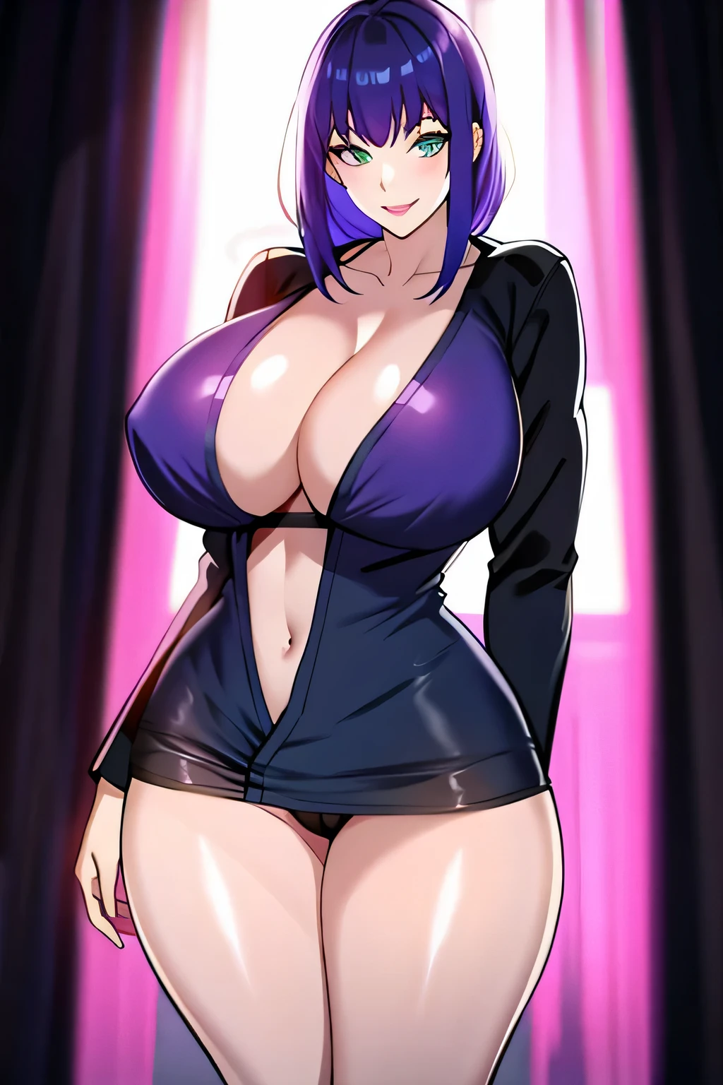 purple blue hair, black colored dress, green eyes, gigantic breasts, cleavage, bare legs, smiling