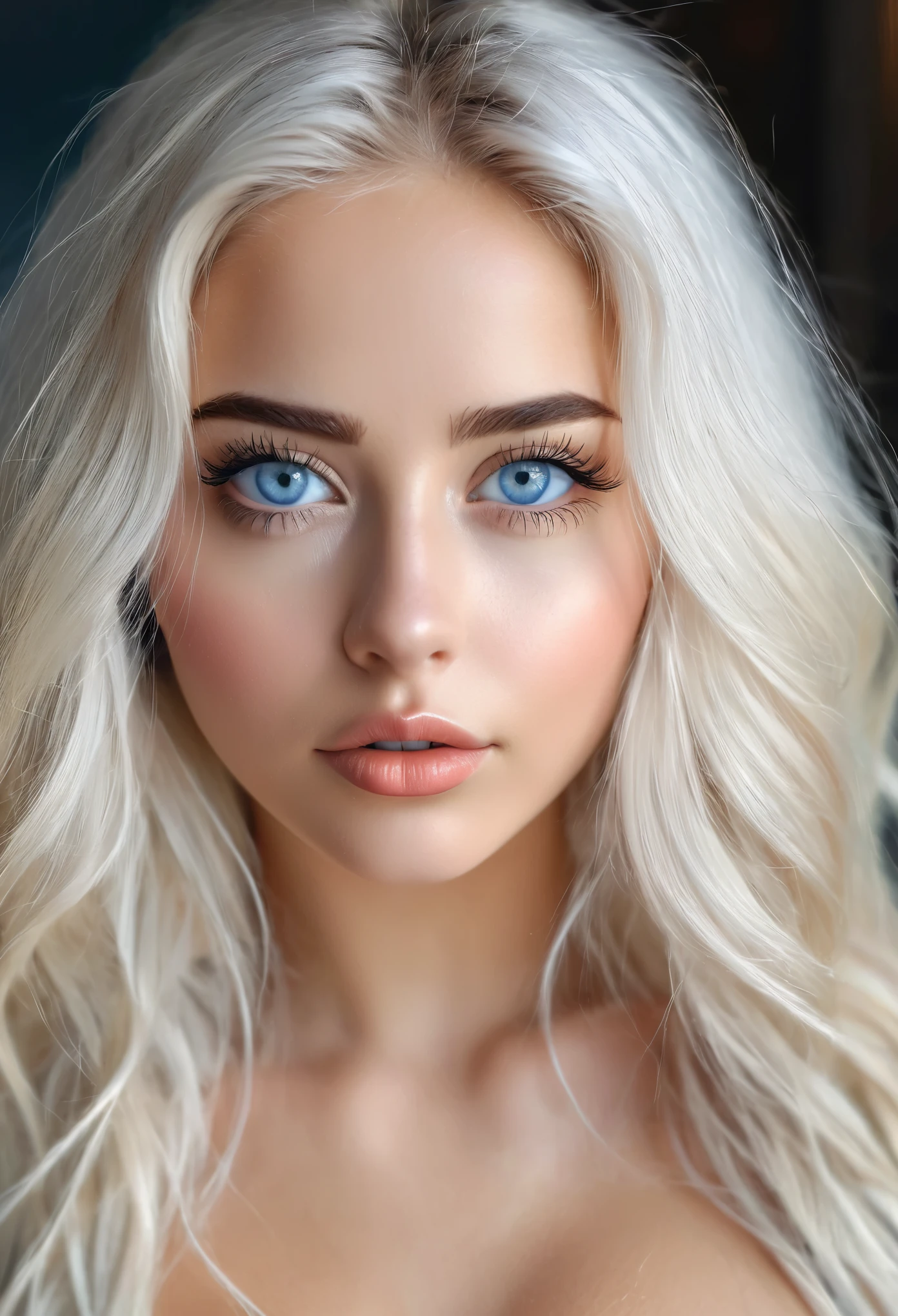 Girl 25 years old , detailed portrait , white long voluminous hair , , big Blue eyes , long eyelashes , well-groomed eyebrows , narrow thin nose , big plump juicy lips , oval face shape , Clear cheekbones , textured tanned skin, Best quality , pores on the face , realistic face , Beautiful breasts 3 sizes ,