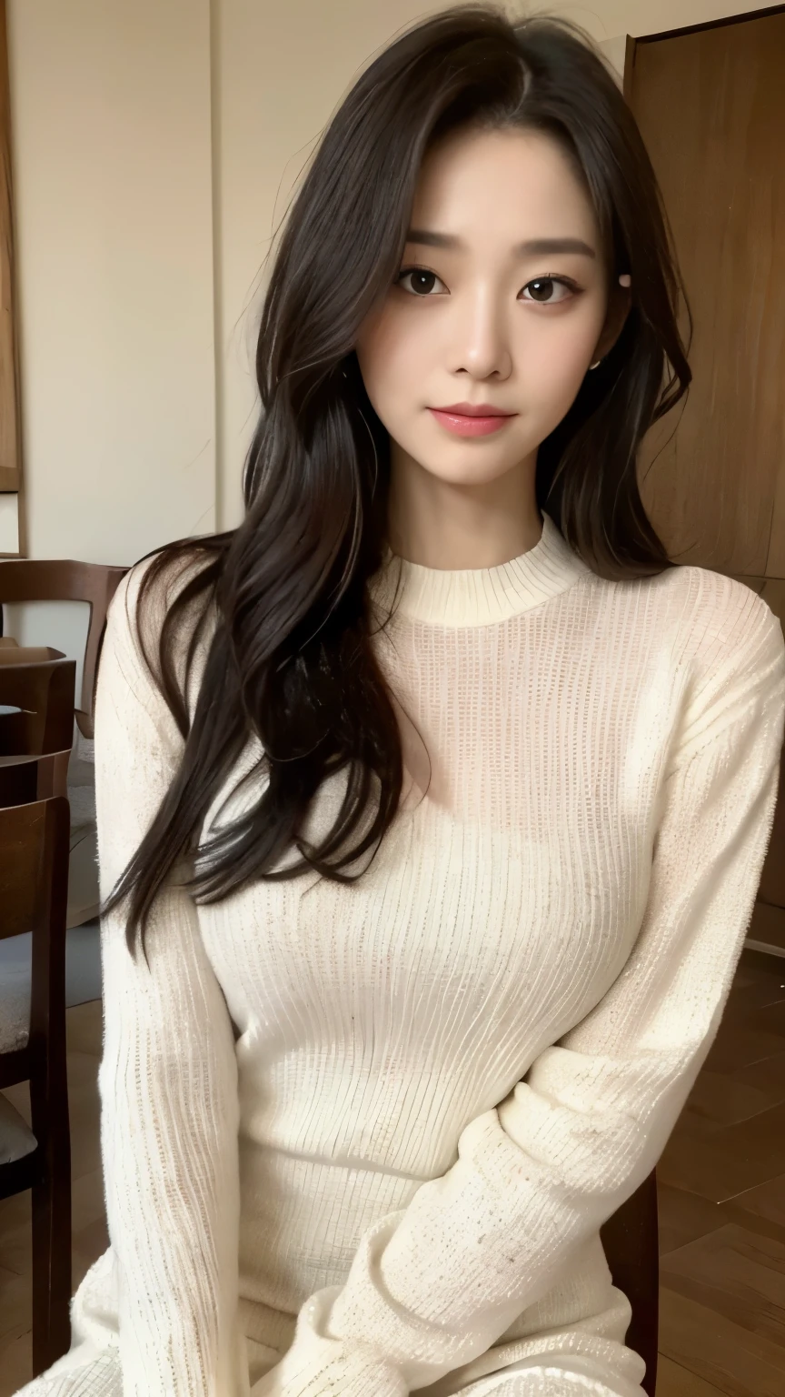 ((top-quality、8k、masterpiece:1.3))、Beautiful woman with perfect body:1.4、slim abdomen:1.2、Longhair, normal breast, Highly detailed facial and skin texture, A detailed eye, delicate eyes, double eyelid, (smile), (full body shot), ((restaurantl)), ((sitting on chair)), ((wearing white sweater suit dress)), looking in front