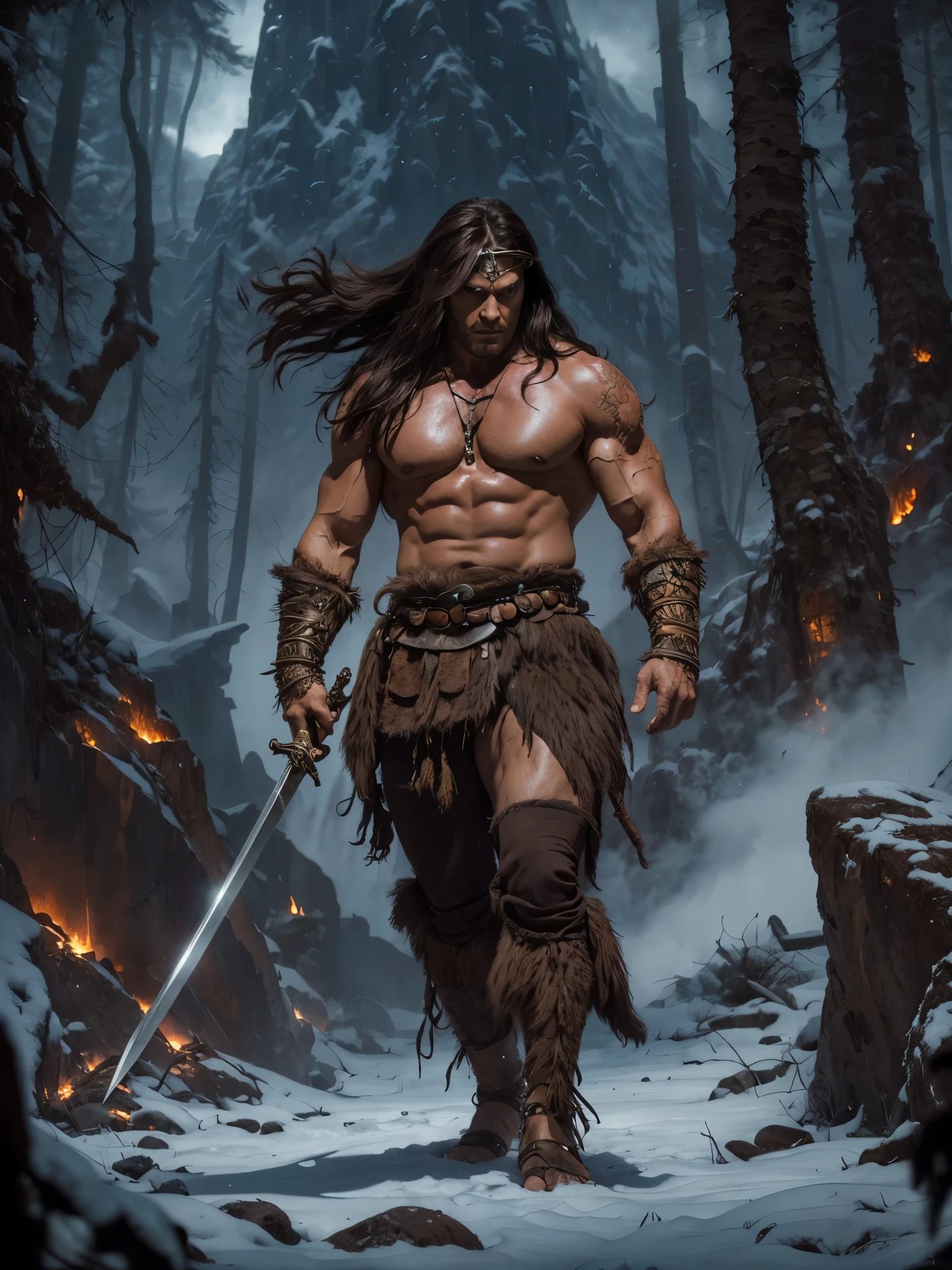 epic fantasy art, super fine illustration, High resolution, Super detailed, masterpiece, 1 male, barbarian, Conan the Barbarian, alone, adult, mature, tall and muscular man, broad shoulders, good looking, long messy hair, black hair, ((beautiful detailed brown eyes:1.5)), square jaw, thick neck, thick eyebrows, the night view of dark forest background, loincloth, obi sword belt, animal fang necklace, iron circlet, holding sword, fighting pose,