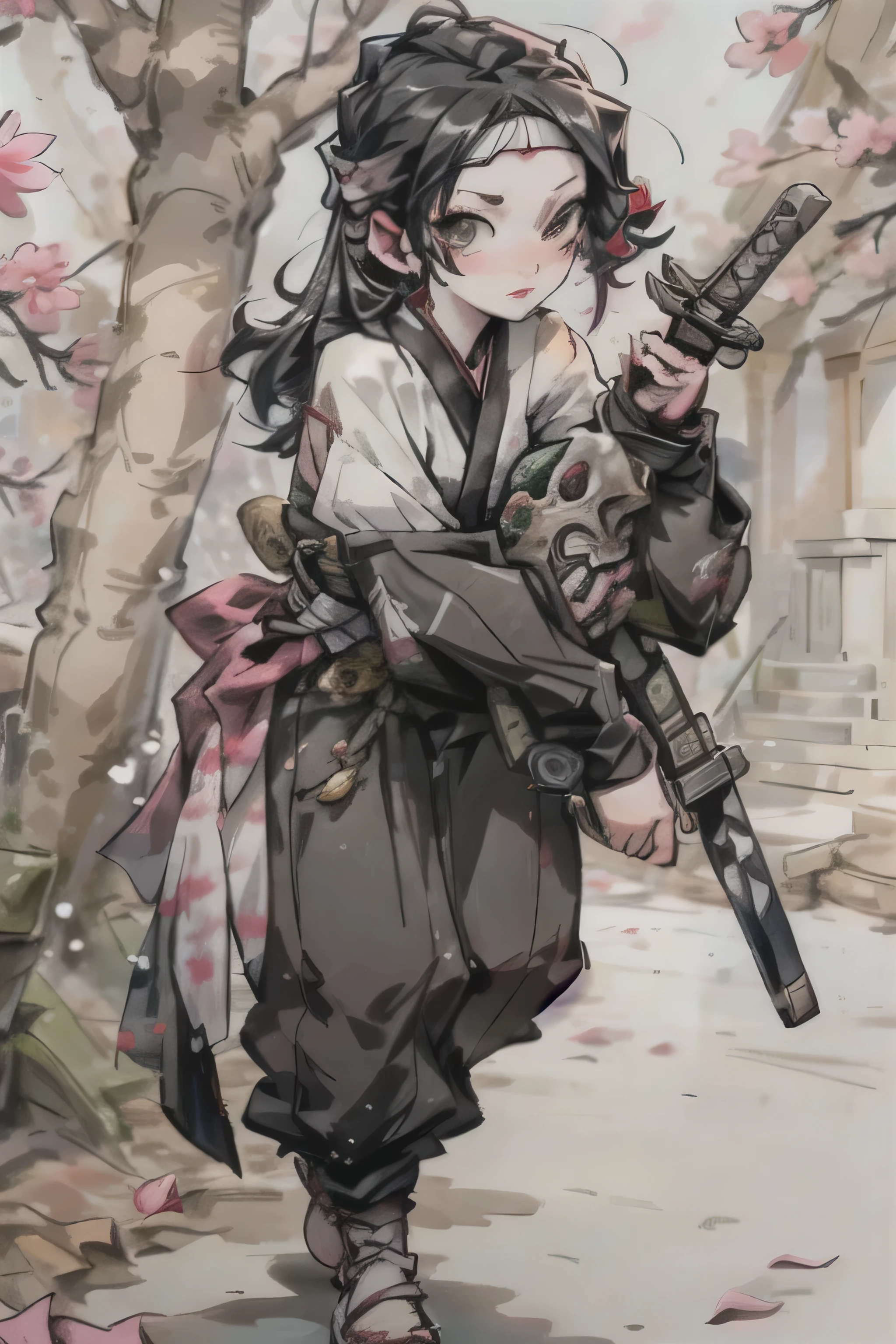 blind samurrai wearing a headband concealing his eyes carrying a blade
katana
under a tree shedding pink petals , floor stained red