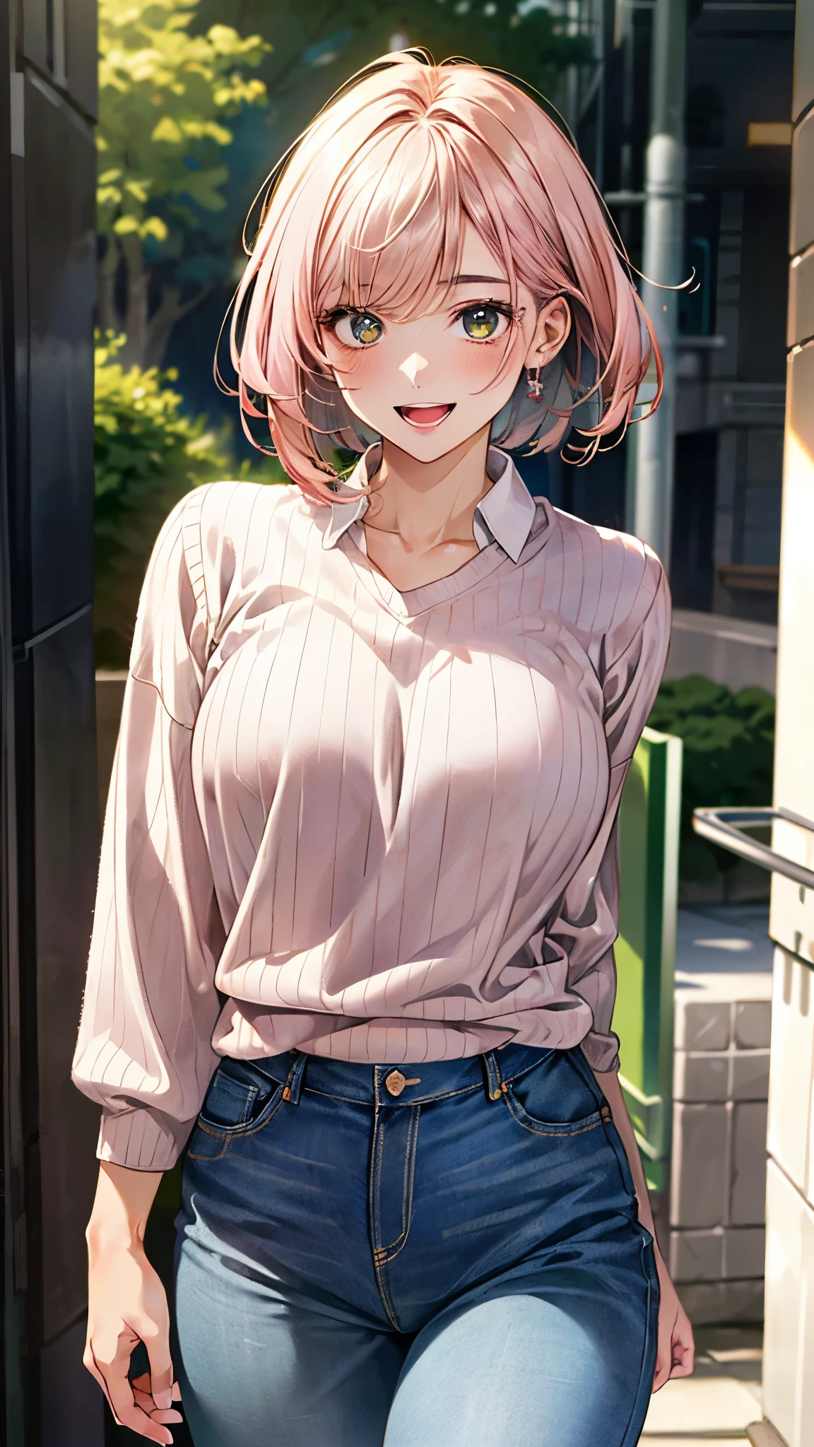 (masterpiece:1.3, top-quality), ultra high res, ultra detailed, (realistic, photorealistic:1.4), beautiful illustration, perfect lighting, colorful, depth of fields, 
looking at viewer, 1 girl, solo, college school girl, (large breasts:0.8, large ass, seductive thighs, skindentation),
(short hair:1.5, bob cut:1.2, light pink hair), swept bangs, (chocolate-colored) eyes, big eyes, shiny skin, slender, (tiny), 
beautiful hair, beautiful face, extremely detailed face, beautiful detailed eyes, beautiful clavicle, beautiful body, beautiful chest, beautiful thigh, beautiful legs, beautiful fingers, 
(detailed cloth texture, (light brown) long sleeve v-neck sweater, collared chartreuse-green shirt, closed shirt, denim trousers), 
(beautiful scenery), evening, (downtown), walking, (eating soft serve ice cream), (happy smile, open mouth), 