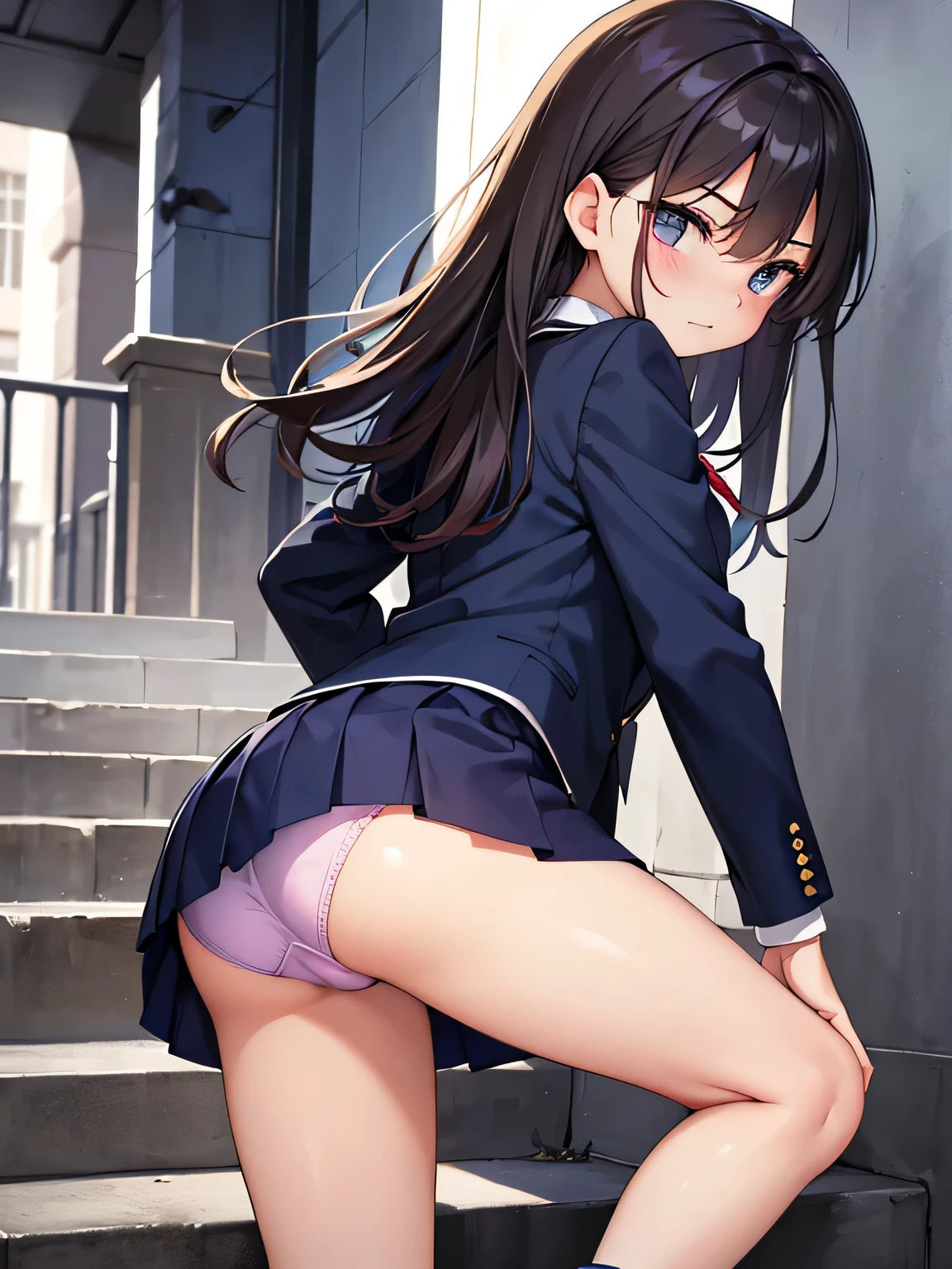 (masterpiece、highest quality、High resolution、realistic pictures、real looking skin:1.1)、
(She is wearing a navy blue uniform blazer over a white blouse.、Wearing black loafers、bright red face:1.1)、
1 girl、high school girl、18-year-old、alone、beautiful eyes、shining eyes、brown hair、medium long hair、Location: High School Stairs、
(Wearing a navy blue uniform miniskirt:1.5)、
(wearing loose socks:1.5)、
(Please hold down your skirt so that your pants are not visible.:2.0)、
(A diagonal view of the back of a person climbing the stairs.:1.8)、
(look at me with a look of disgust and anger:1.5)、
(shiny purple satin panties:1.5)、
NSFW