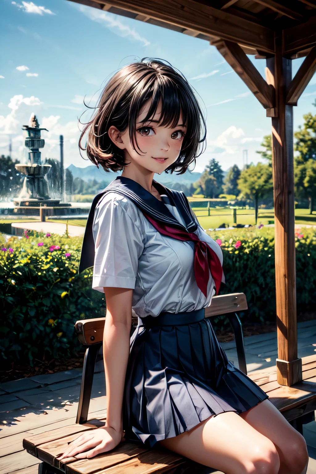 very cute and beautiful school girl,teen,(highly detailed beautiful face),
(smile:1.2),looking at viewer,black hair,(sailor school uniform),(pleated navy blue itting on wooden bench in elegant gazebo,flower garden,water fountain,forest,
(best quality,masterpiece:1.2),absurdres,highres,ultra-detailed,extremely detailed,32k,8k resolution,
intricate details,cinematic scene,detailed background,solo,dynamic angle,
hair fluttering in the wind,beautiful detailed sky,