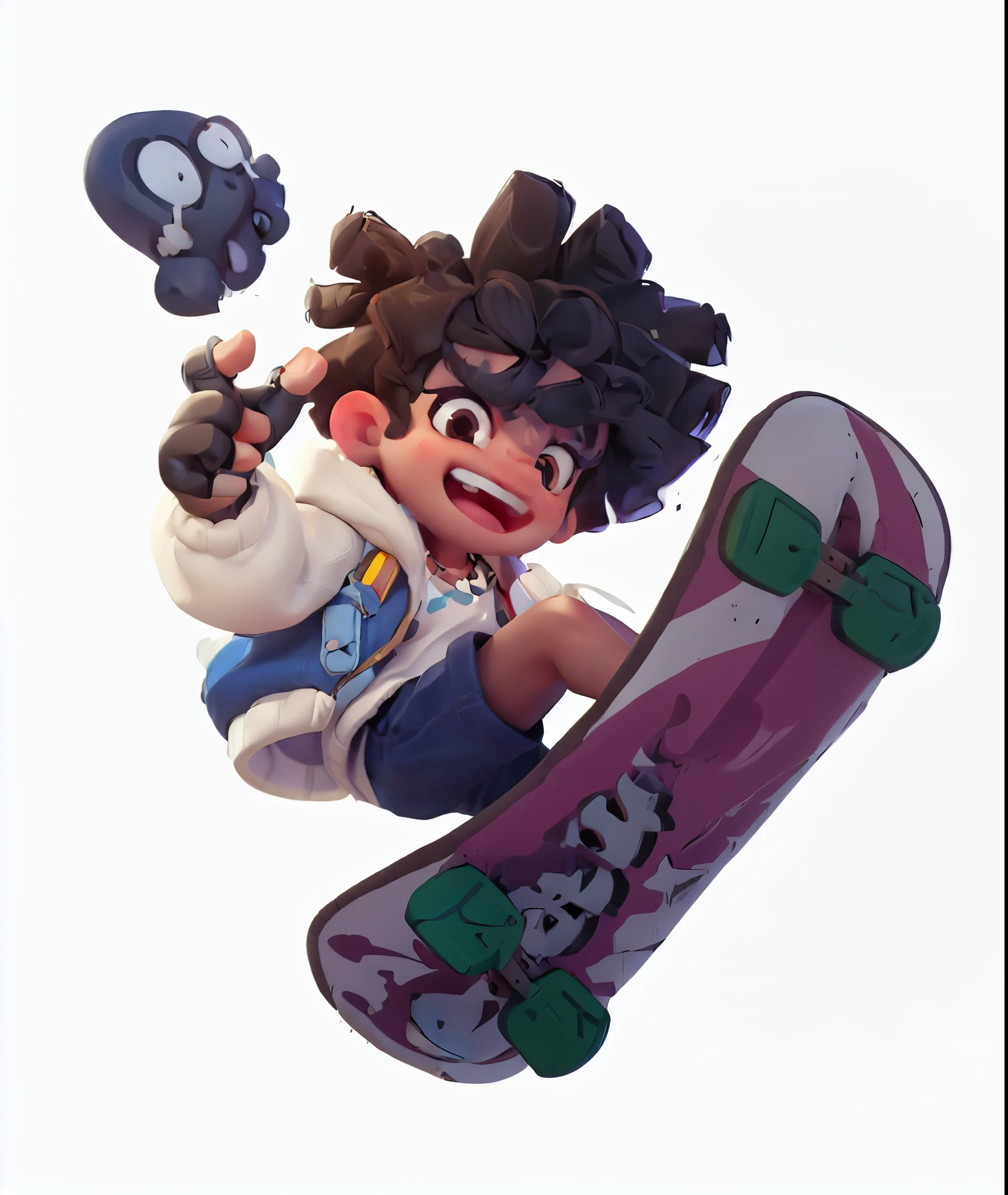 1boy, male focus, gloves, dreadlocks, dark-skinned male, dark skin, fingerless gloves, black shorts, shorts, skateboard, shoes, brown hair, white background, jacket, smile, open mouth, simple background, teeth, hood, sneakers, brown eyes, solo, male child, short hair, open clothes, white shirt, open jacket, hoodie, necklace, long sleeves, shirt