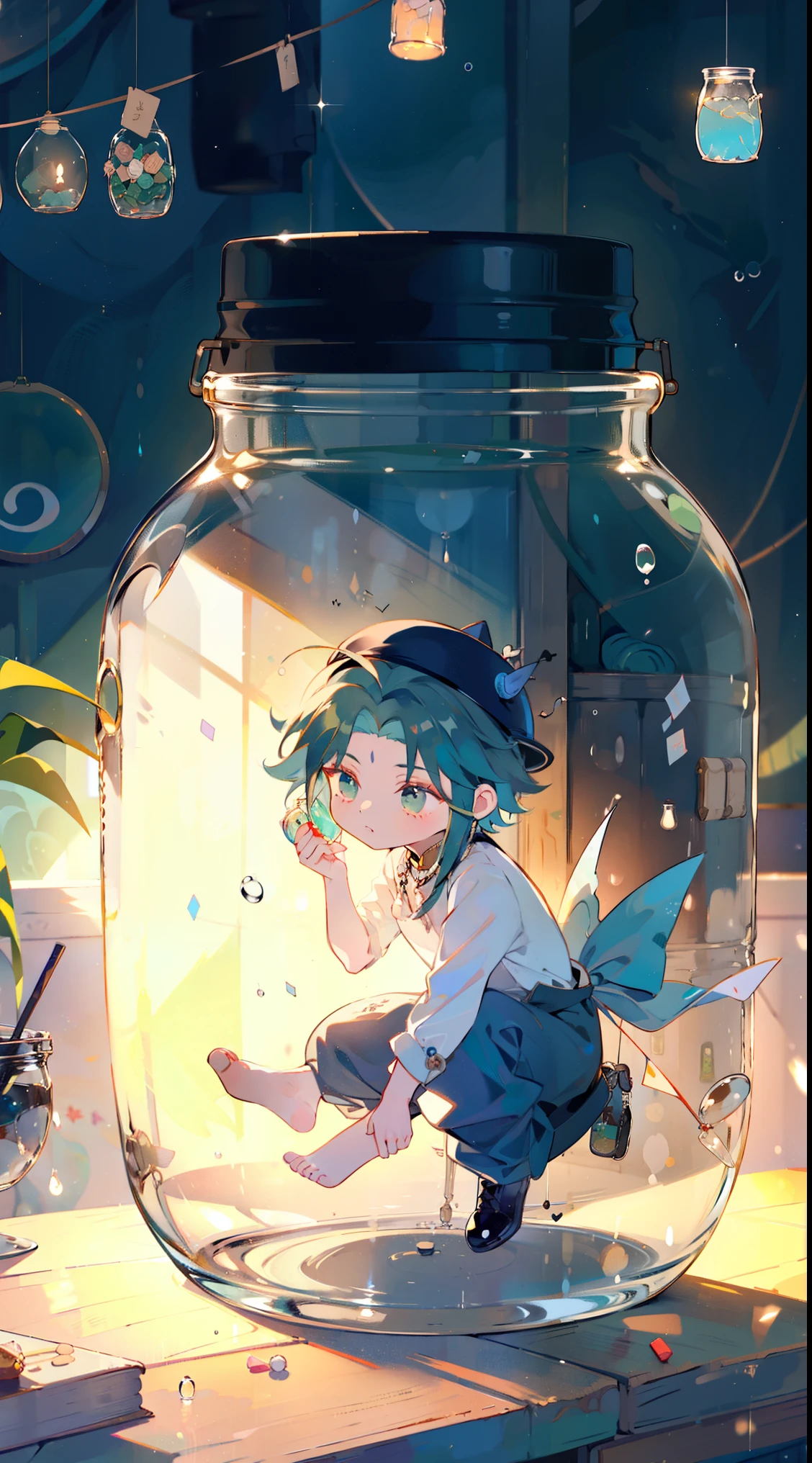 （（（（（（inside the jar））））））、a boy with、((((in a jar))))、charming、small, Happy atmosphere,, hat, Candy and Snacks, Gift, dark green hair,