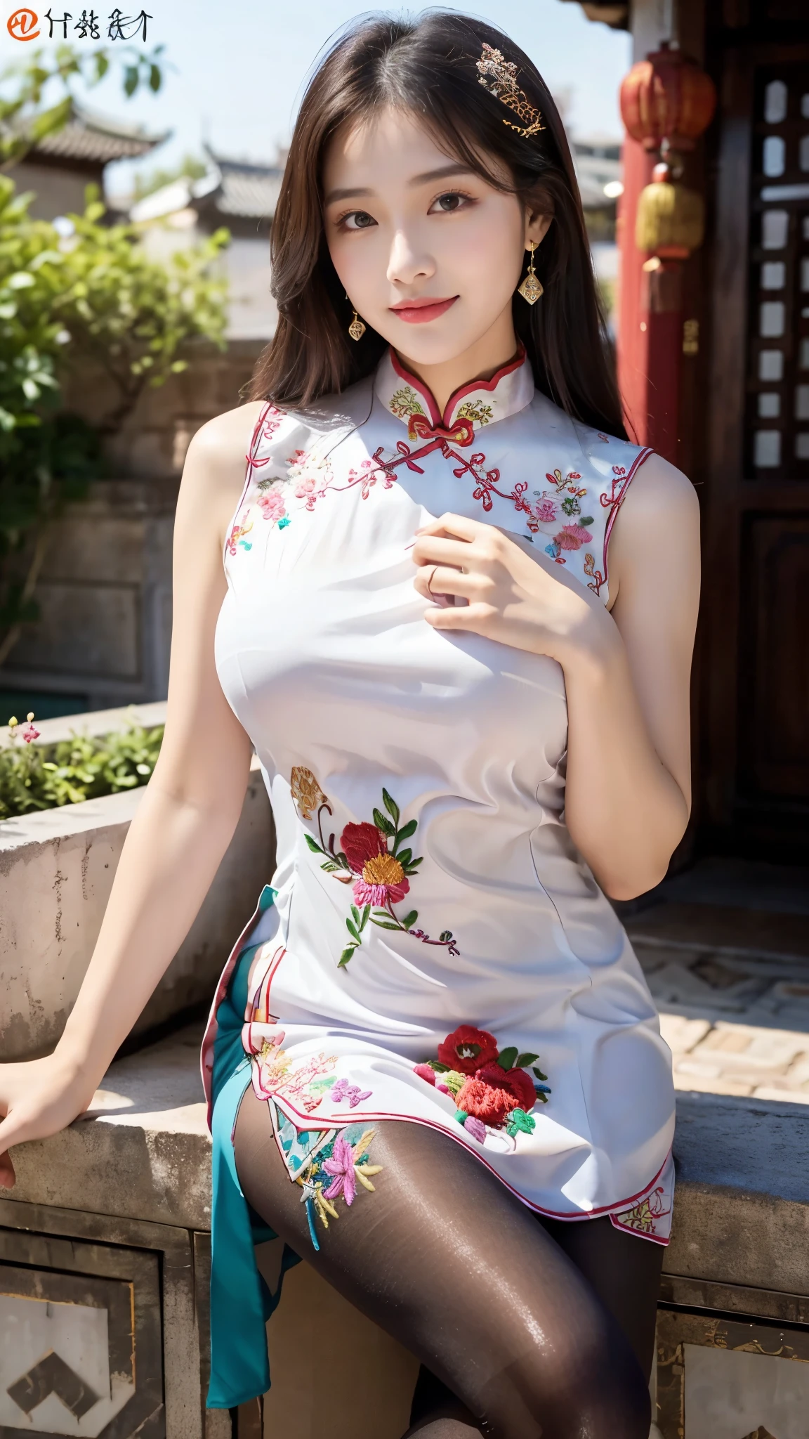 ulzzang-6500-v1.1,(Raw photo:1.2), (realistic:1.4), Delicate beautiful girl, The sparkling eyes create a very fun atmosphere.................. . ......,17 years old, Attractive eyes and moist lips, long black hair,(smile:1.3),Detailed facial depiction, Formula details, detailed facial features, Star Masterpiece Fine Detail, Detailed explanation of the role ,detailed drawing of hair, carefully drawn, My body is rippling, detailed hand drawing, Detailed drawing of the garment, Detailed drawing of faces, perfect face, detailed hand drawing, 4 fingers and 1 thumb:1 ,3),orthofacial,choker necklace, earrings, expert work, very close to reality, (whole body写真: 1.5)), best image quality, highest quality, unlimited details, 8K resolution,(( (Beautiful patterned embroidered Chinese dress 1.5)))((Pink lavender long skirt cheongsam dress)))(ancient courtyard scene:1.3),smile, narrowed hips, sexy pose,bold pose, (Beautiful legs visible through the slit of a long skirt) , (super realistic pantyhose:1.3), big breasts, beautiful flowing hair,(whole body), (cute face: 1.15), (big breasts: 1.0) high heels, Big sexy hips, medium sexy thighs