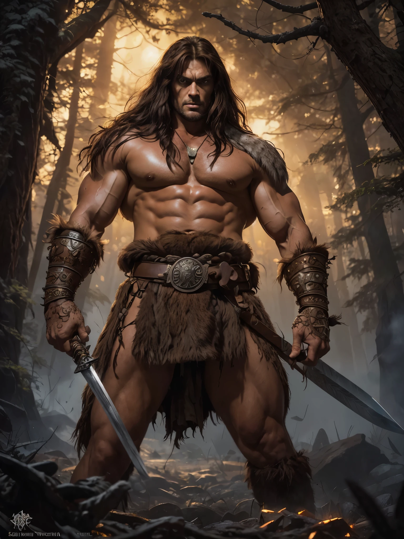 epic fantasy art, super fine illustration, High resolution, Super detailed, masterpiece, 1 male, barbarian, Conan the Barbarian, alone, adult, mature, tall and muscular man, broad shoulders, ((good looking:1.5)), long messy hair, black hair, ((beautiful detailed brown eyes:1.5)), square jaw, thick neck, thick eyebrows, the night view of dark forest background, loincloth, obi sword belt, animal fang necklace, iron circlet, holding sword, fighting pose,