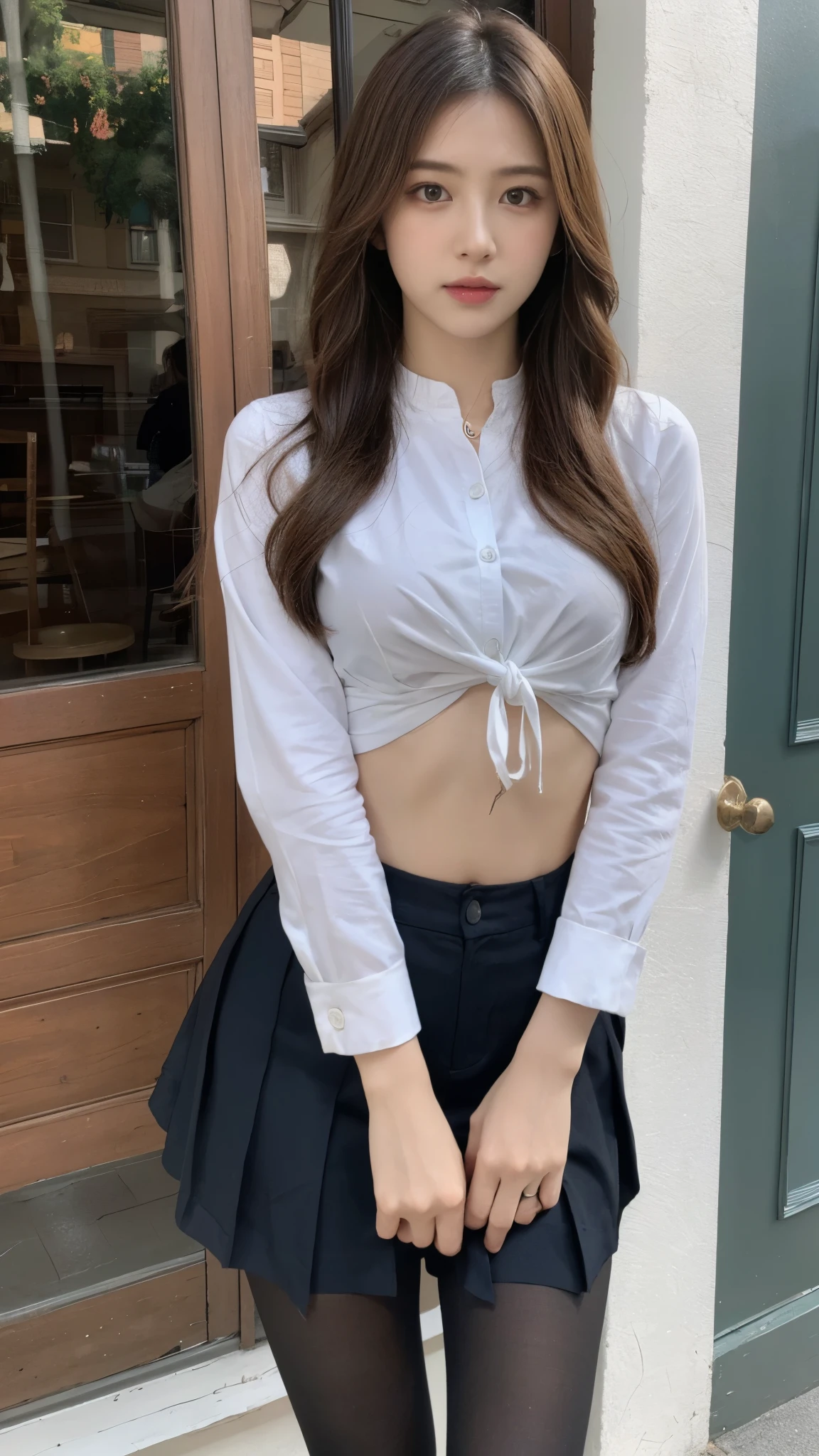 ulzzang-6500-v1.1,(Raw photo:1.2), (realistic:1.4), Delicate beautiful girl, detailed facial features, Star Masterpiece Fine Detail, Japanese high school girl in uniform、real high school girl、japanese uniform、devil、(super realistic pantyhose:1.3), full body shot