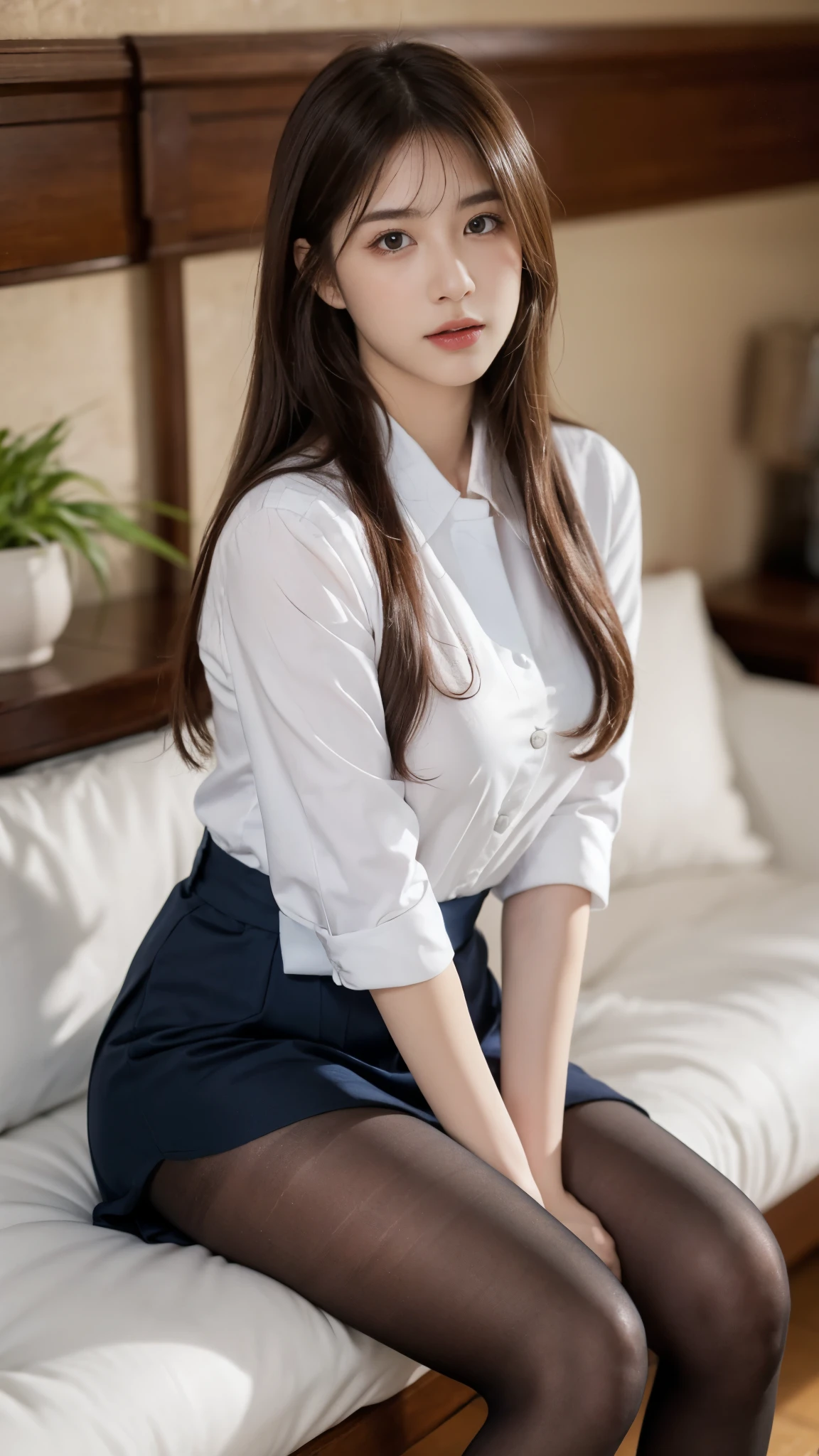 ulzzang-6500-v1.1,(Raw photo:1.2), (realistic:1.4), Delicate beautiful girl, detailed facial features, Star Masterpiece Fine Detail, Japanese high school girl in uniform、real high school girl、japanese uniform、devil、(super realistic pantyhose:1.3), full body shot