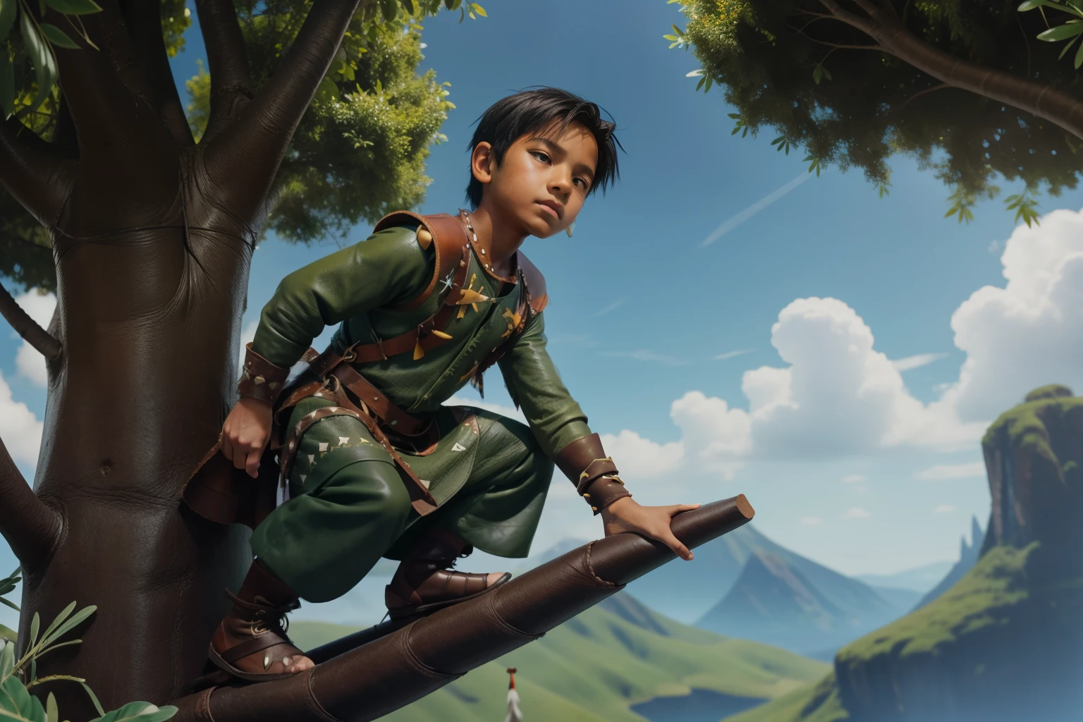 Fairytale Kingdom of Fantasia. ((((10-year-old)) Atreyu)), olive-green skin, athletic boy, brave, wise, on top of a tree top, staring with ((awe expression)). ((((leather indigenous clothings)))), ((bluish-black hairstyle))
