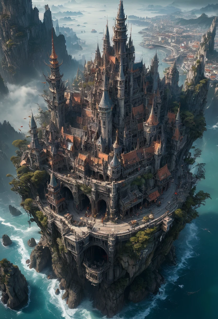 Aerial View, fantasy art, by Emmanuel Shiu, (best quality, masterpiece, Representative work, official art, Professional, Ultra intricate detailed, 8k:1.3)