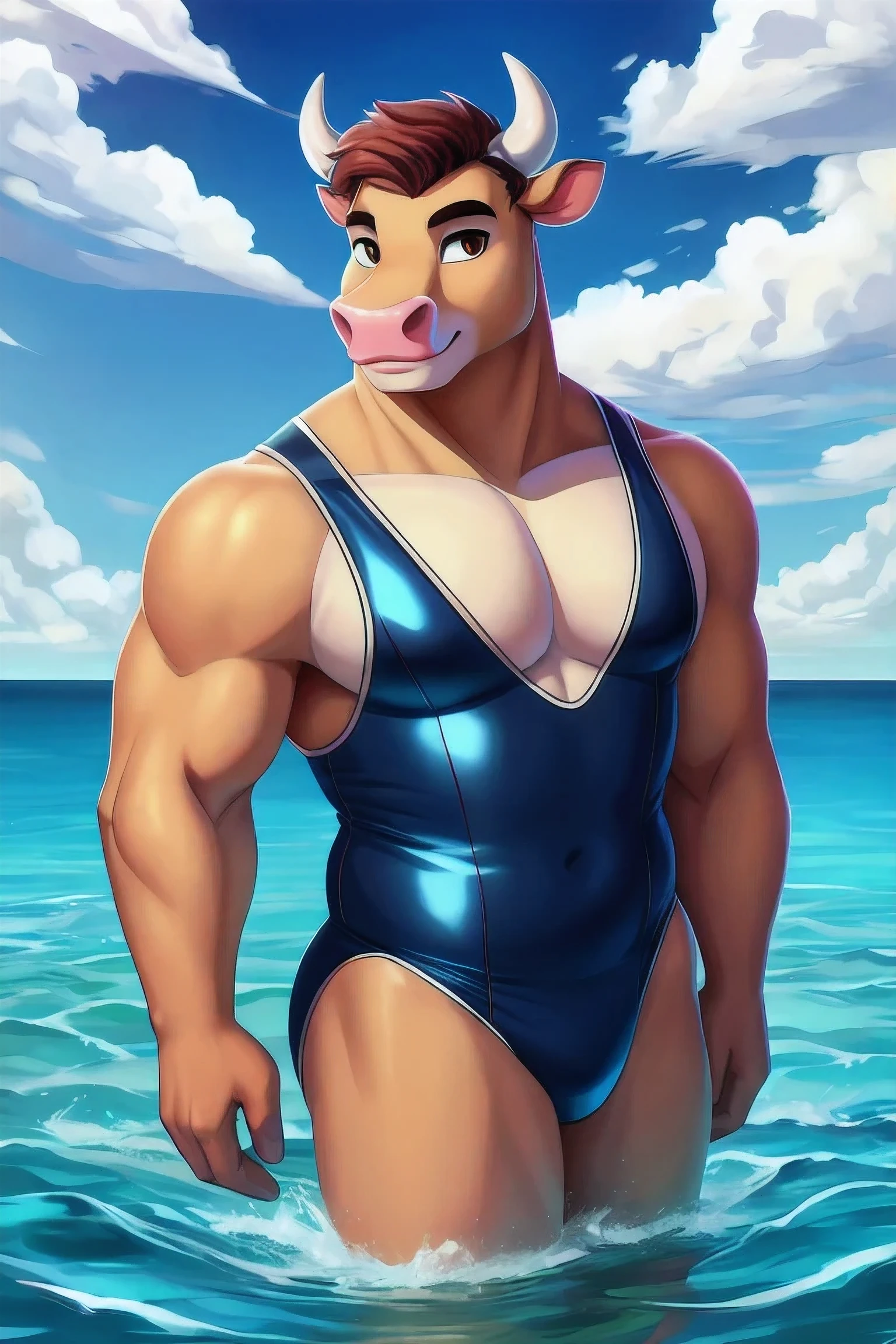 1 boy ,handsome cow ,Wear a swimsuit .