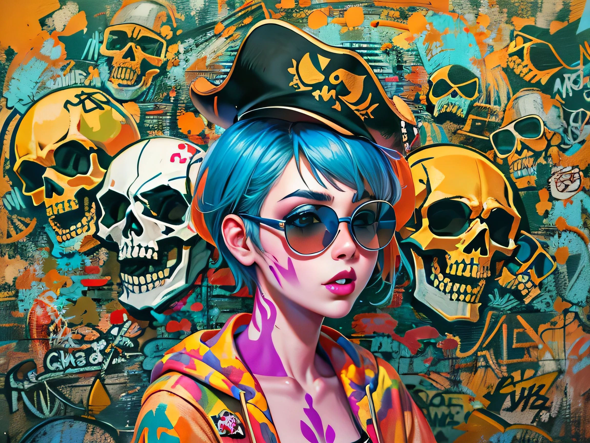8K resolution、((Highest quality))、((masterpiece))、((Very detailed))、1 female、alone、The strongest beautiful girl of all time、((Unbelievably absurd))、(((Stylish sunglasses))), pirate hat, Lips in Love、neon、Shortcuts、 (((Skull graffiti art))), Colorful Hair,