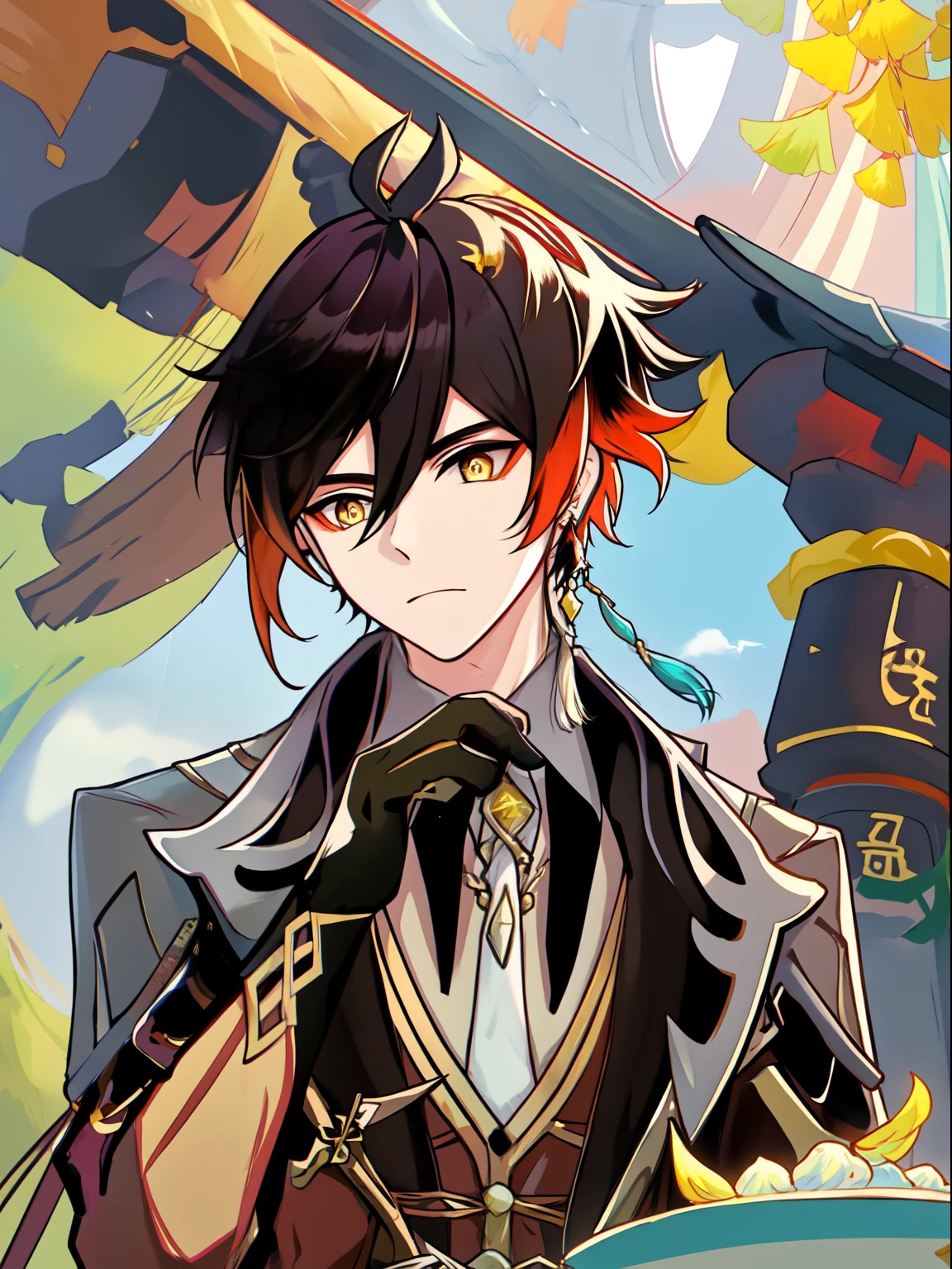 1 boy, alone, superior_Body, front_look法, look_exist_look法er, masterpiece, best quality, Bangs, Black_Gloves, Black_hair, Brown_hair, slope_hair, with collar_shirt, earringss, Eyebrow_visible_pass_hair, formal, Gloves, hair_between_Eye, Keep, Chinese_clothing, jacket, jewelry, long_hair, long_sleeve, male_focus, colorful_hair, ponytail, single_earrings, suit, tassel, tassel_earringss, yellow_Eye, Zhongli_\(Genshin_Influence\)