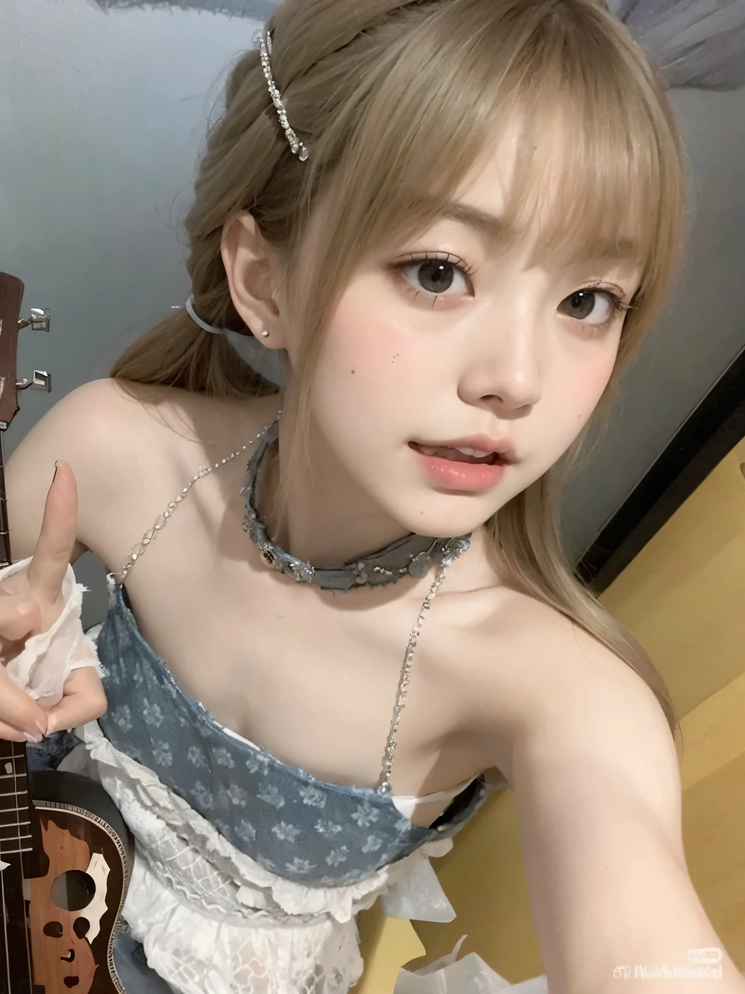 there is a young woman holding a guitar and wearing a necklace, lalisa manobal, de vestido, Ulzzang, shikami, Chiho, o corte Hime, Bela Delfina, penteado com corte hime branco, Lalisa Manoban do Blackpink, fair and pale skin!!, de 19 anos