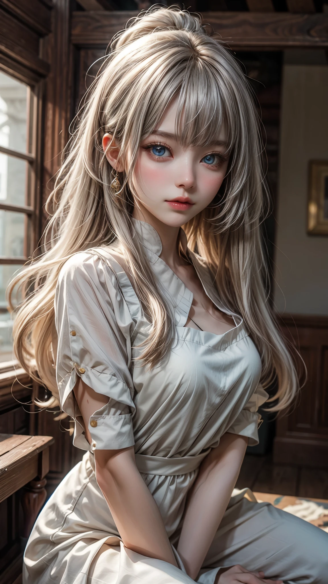 bright look、photorealism、highest quality、超A high resolution、photograph、スカンジナビアから来たとても美しい女の子のphotograph、extraordinary beautiful girl、cute and beautiful face details、(face to face with the children_v1:0.008)、beautiful bangs、alice in wonderland、18-year-old、radiant white skin、facial hair、Bangs that extend to the face、bangs between eyes、super long hair、Silky straight super long hair with an attractive pale platinum blonde color.、thin hair、Charming and shining beautiful bright and clear light blue big eyes、white ?????、yellow dress、eyeliner、double eyelid、rich bust、random sexy pose