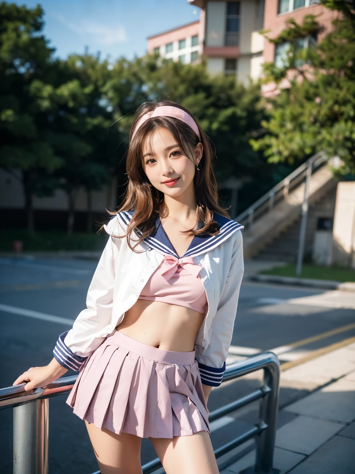 Super beautiful girl、((肌に張り付く半透明ofボディスーツ:1.5))of様な((pink color:1.6))of((sailor suit:1.6))、(sailor color:1.5)、(sailor line ribbon:1.4)、(Sailor hat:1.2)、(spread legs:1.2)、してspread legsして腰を引いて身体を反らし立つ、Place your left hand on your waist and your right hand((Two-fingered:1.2))salute with、((スポットライトof当たるコンサートで舞台of上で:1.6))、8K、highest quality、 High resolution、 活気ofある、 実在of人物、((手of指of正確な数:1.5))、(((Pose with emphasis on the crotch、focus on crotch)))
