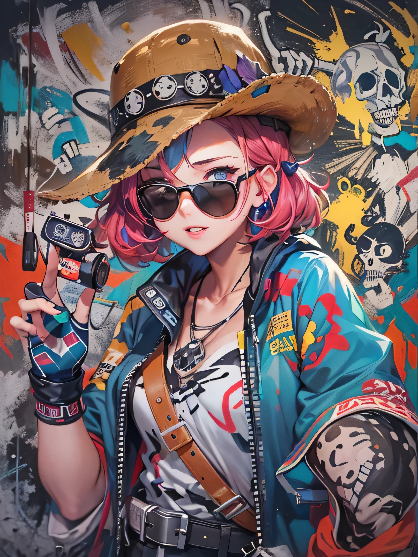 8K resolution、((highest quality))、((masterpiece))、((Super detailed))、1 female、alone、The strongest beautiful girl of all time、((incredibly absurd))、(((Stylish sunglasses))), pirate hat, lips in love、neon、short cut hair、 (((skull graffiti art))), colorful hair,