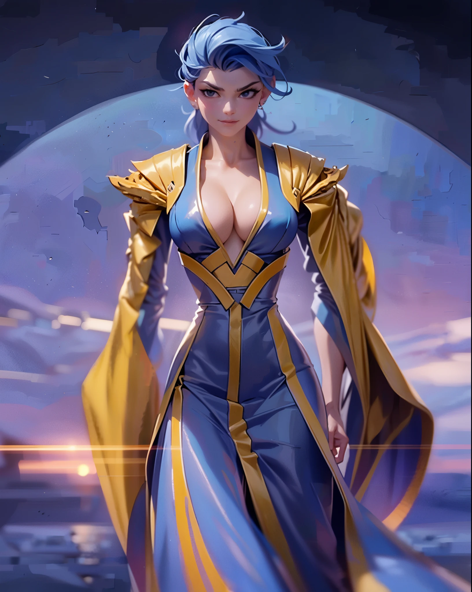 A mature woman with short lustrous azure hair, sporting a sleek and fashionable hairstyle, slightly lowered eyelids emanate a wild aura, her stern yet captivating face carries a disdainful smile, she boasts a slender and elegant figure, a fantasy martial arts-inspired multi-layered folded long dress, the low neckline showcases her impressive cleavage, flowing wide sleeves, long skirt, dark blue as the main color, complemented by orange-yellow accents, the scene is set in a bustling fantasy-style tavern, this character embodies a finely crafted fantasy wuxia-style female warrior in anime style, exquisite and mature manga art style, high definition, best quality, highres, ultra-detailed, ultra-fine painting, extremely delicate, professional, anatomically correct, symmetrical face, extremely detailed eyes and face, high quality eyes, creativity, RAW photo, UHD, 32k, Natural light, cinematic lighting, masterpiece-anatomy-perfect, masterpiece:1.5