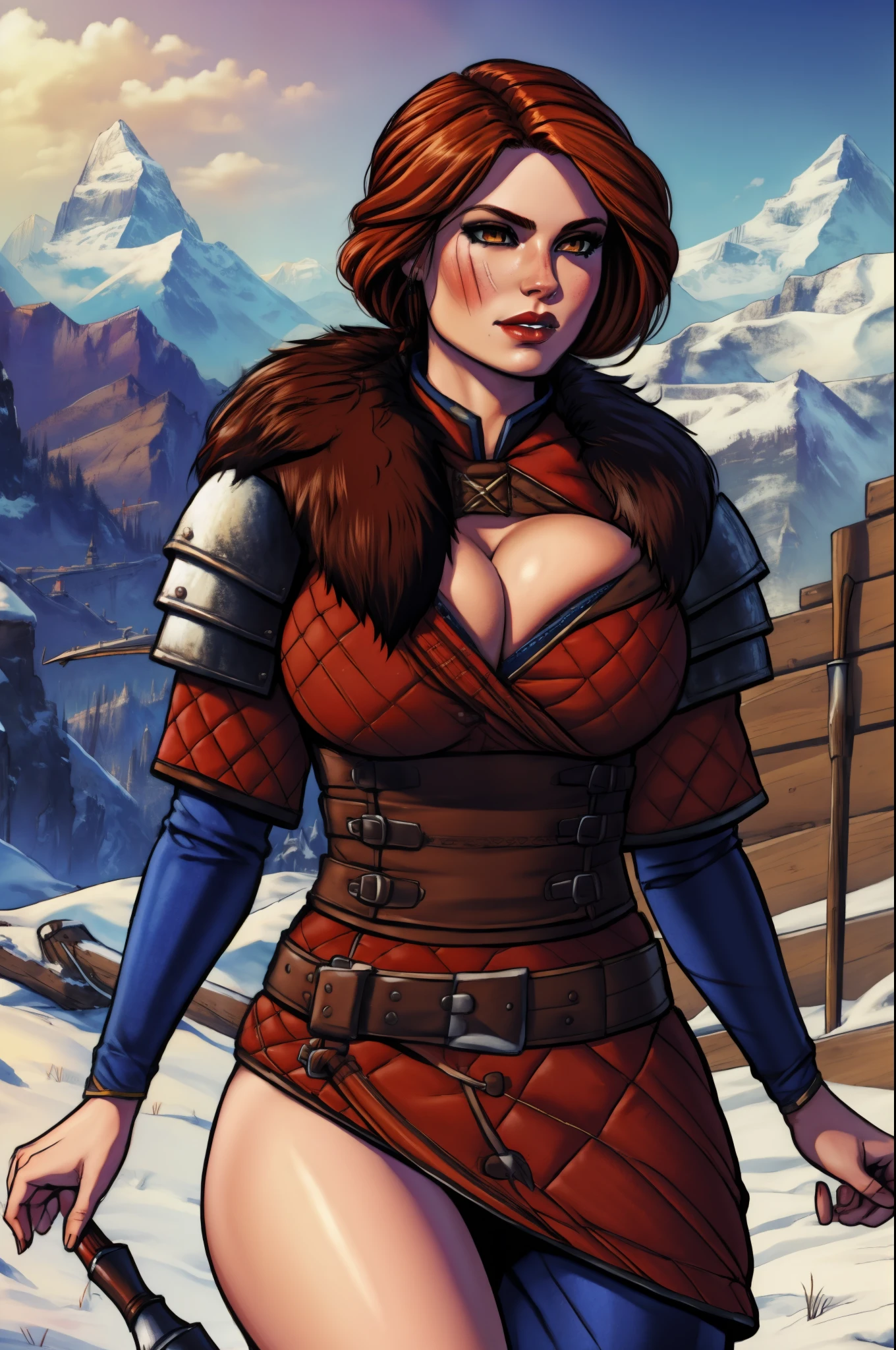 (masterpiece, top quality, best quality, official art, detailed:1.2), cerysW3, 1girl, solo, long hair, brown eyes, weapon, outdoors, armor, fur trim, own hands together, snow, mountain, red lips, red hair, cleavage, bare thighs