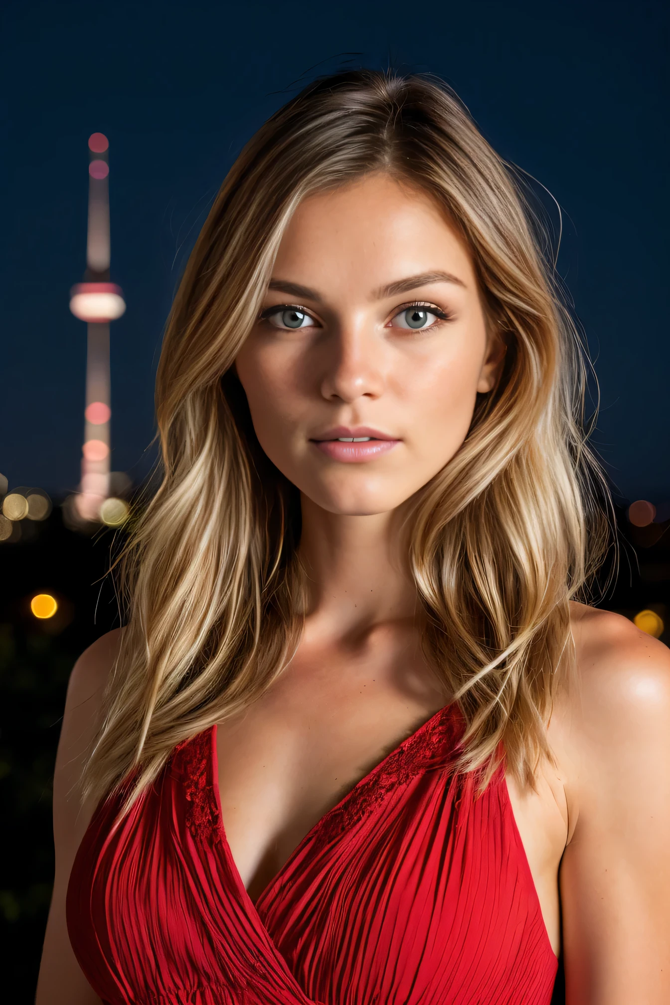 RAW close-up portrait of a 19 years old white girl, long blond hairbl, colossal tists, brown eyes, Best quality, Highly detailed face,, corrugated, (woman with brown eyes) in an apartment, Background in Toronto Ontario, back pose, Starry night sky, ,natural breasts_c, city night background , (Red summer dress), (neckline), detailed (textures!, Hair!, brightness, color!, imperfections:1.1), highly detailed bright eyes, (Looking at the camera), specular lighting, digital SLR, ultra quality, sharp focus, sharp, DOF, film grain, (center), Fujifilm XT3, crystal clear, center of frame, Cute face, sharp focus, Light pole, neon lights, Bokeh, (dimly lit), discreet, At night, (night sky)