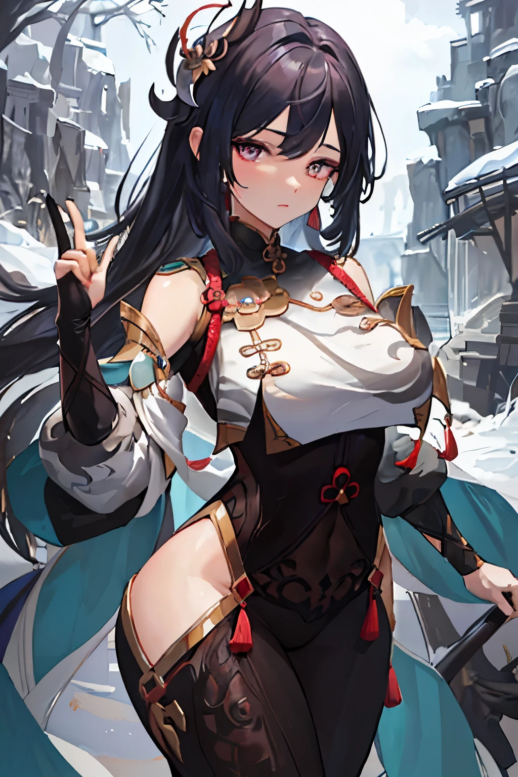 Masterpiece of a sexy Genshin Impact Ganyu with big curves, best quality and ultra-detailed rendition. Her alluring figure is clad in a form-fitting outfit, accentuating her voluptuous physique. With long, flowing black hair and captivating, deep-set amethyst eyes, she exudes an air of seduction. Her intricately designed gauntlets and armor accessorize her look, adding to her sexiness. Her big, expressive eyes sparkle with a hint of vulnerability and playfulness as she gazes at the viewer, leaving them yearning for more. Ganyu's delicate yet powerful build is showcased in this ex