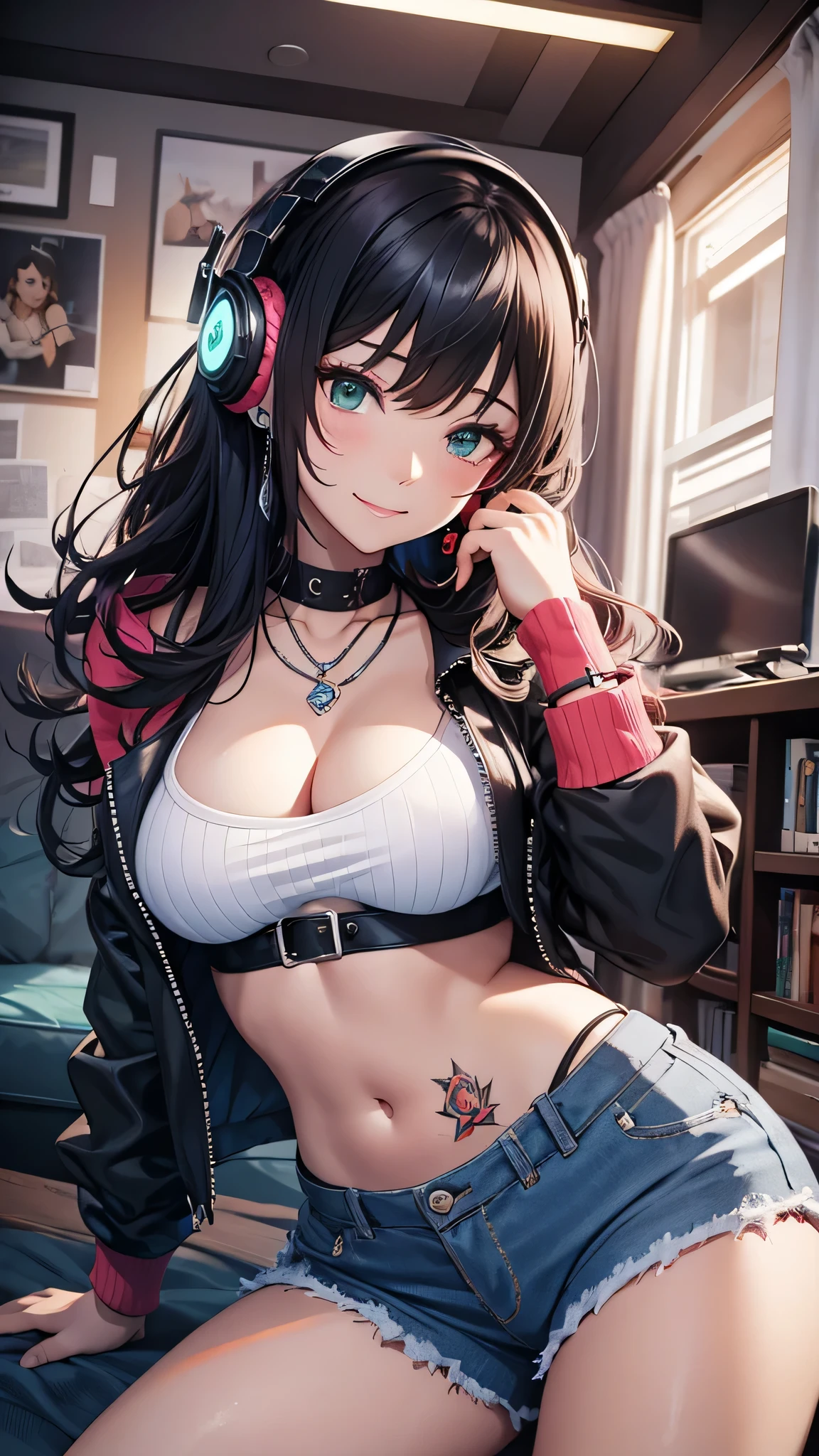 最high quality、best image quality、masterpiece、girl((20-year-old、 By becoming、vest bust、medium bust,wide open breast tea、shining eyes, neon hair、long hair、thin,highest valley、Damaged Denim Shorts、black navel shirt、Damaged Denim Jacket、smile、full body tattoo,diamond earrings、Wristband、necklace、I have headphones、leaning forward、elation、have a controller、Get angry)),high quality、beautiful art、background((game room、red lighting、green lighting))、Flight、debris flies、Depth of written boundary、movie、visual art、perfect art、8k,genuine、