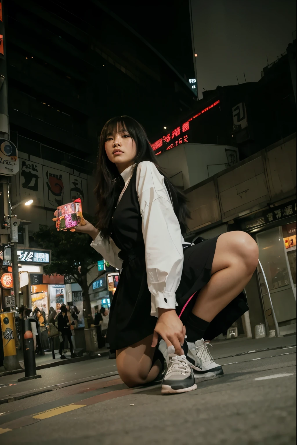 (Best quality, 8k, 32k, Masterpiece, UHD:1.2) "Transport the current image to the bustling and vibrant streets of Shibuya, Tokyo. Capture the energetic and dynamic atmosphere of this iconic Japanese district.

Imagine a lively scene with crowded pedestrian crossings, towering neon billboards, and a mix of modern and traditional architecture. Integrate elements that define Shibuya, such as the famous Shibuya Crossing, vibrant street fashion, and the distinct Tokyo cityscape.

Ensure the streets are filled with a diverse array of people, including pedestrians, commuters, and perhaps some individuals showcasing trendy Harajuku fashion. Experiment with a vivid color palette to capture the electric energy of Shibuya's nightlife, incorporating bright lights, colorful signs, and reflective surfaces.

Consider adding subtle details like cherry blossoms or Japanese lanterns to evoke the essence of Tokyo's rich cultural heritage. Place the image during the evening to enhance the city lights and nightlife ambiance.

Implement dynamic and cinematic lighting to emphasize the urban setting. Experiment with the interplay of light and shadow, showcasing the neon glow and creating depth in the scene.

In summary, transform the image into a captivating representation of the streets of Shibuya, Tokyo, embracing its vibrant urban life, cultural elements, and electrifying atmosphere. Utilize a dynamic color palette, include iconic Shibuya landmarks, and capture the essence of Tokyo's bustling energy."
