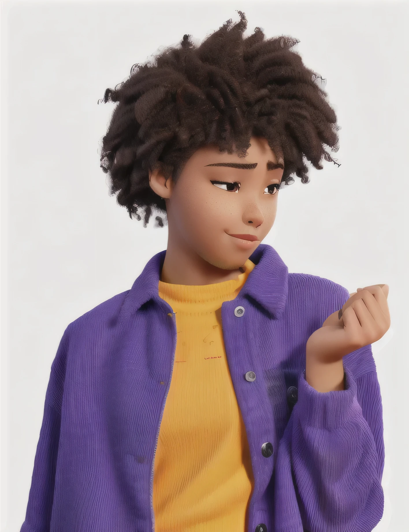 arafed woman in a purple jacket and yellow shirt pointing at something, photo of young woman, african american young woman, purple jacket, portrait of willow smith, black teenage girl, black young woman, portrait willow smith, wearing a purple detailed coat, a purple suit jacket, looking this way, purple and yellow, young black woman, album art, wearing a jeans jackets