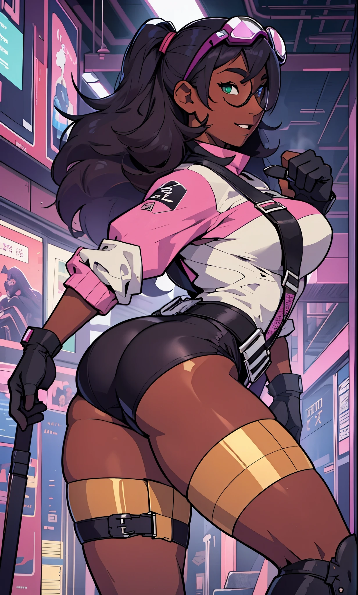 masterpiece, ultra-detailed, 48k HDR, Cinematography, 717 gigapixels, ultra detailed, beautiful aesthetic, best quality:10 ,dark-skinned superheroine, (green high-cut leotard with black grid design with matching boots gloves & goggles), pink backpack and waist bag, hip belt with pills,vials and foldable staff:18 oval face, abdominal muscles, honey and black heterochromia , seductive smile, purple and gold multicolored hair,Pigtails, busty, curvaceous heart-shaped bubble butt,firm hourglass figure,short woman, super-genius:8  fast-paced atmosphere, city background, Beautifully detailed batte city, complex background,intricate character desgin and detail, full body, ( extremely fine and b beautiful face eyes and body, detailed face, detailed eyes, detailed lip, shiny skin, oil skin, shiny hair, ):6 dynamism,fast-paced action, movie scene, photorealistic, , real 3d, anime-realism, depth of field, dynamic angle, scenery, dramatic lighting, volumetric lighting , hair over one eye