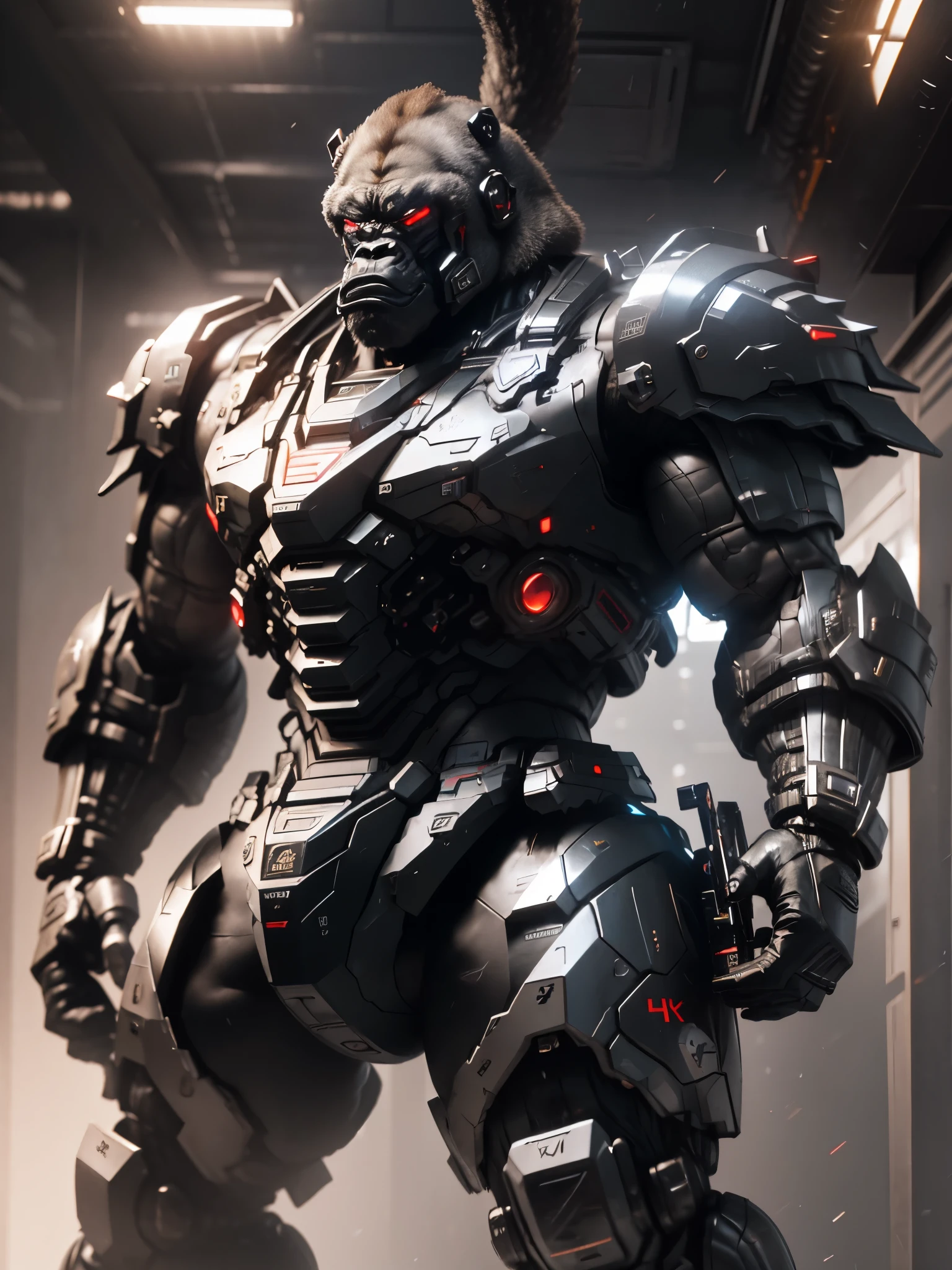 Silverback Gorilla,android gorilla、surreal,8k,wear a tie,Wear cyber armor over tight black suit、muscular、strong with sunglasses,Dark Black Tones、gatling gun