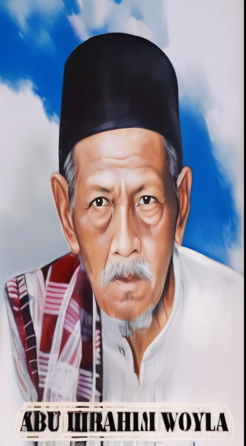 a close up of a man with a hat on and a poster on the wall, raden saleh, inspired by Basuki Abdullah, inspired by Bohumil Kubista, inspired by Abdullah Gërguri, ramil sunga, potrait, an old man, inspired by Abdur Rahman Chughtai