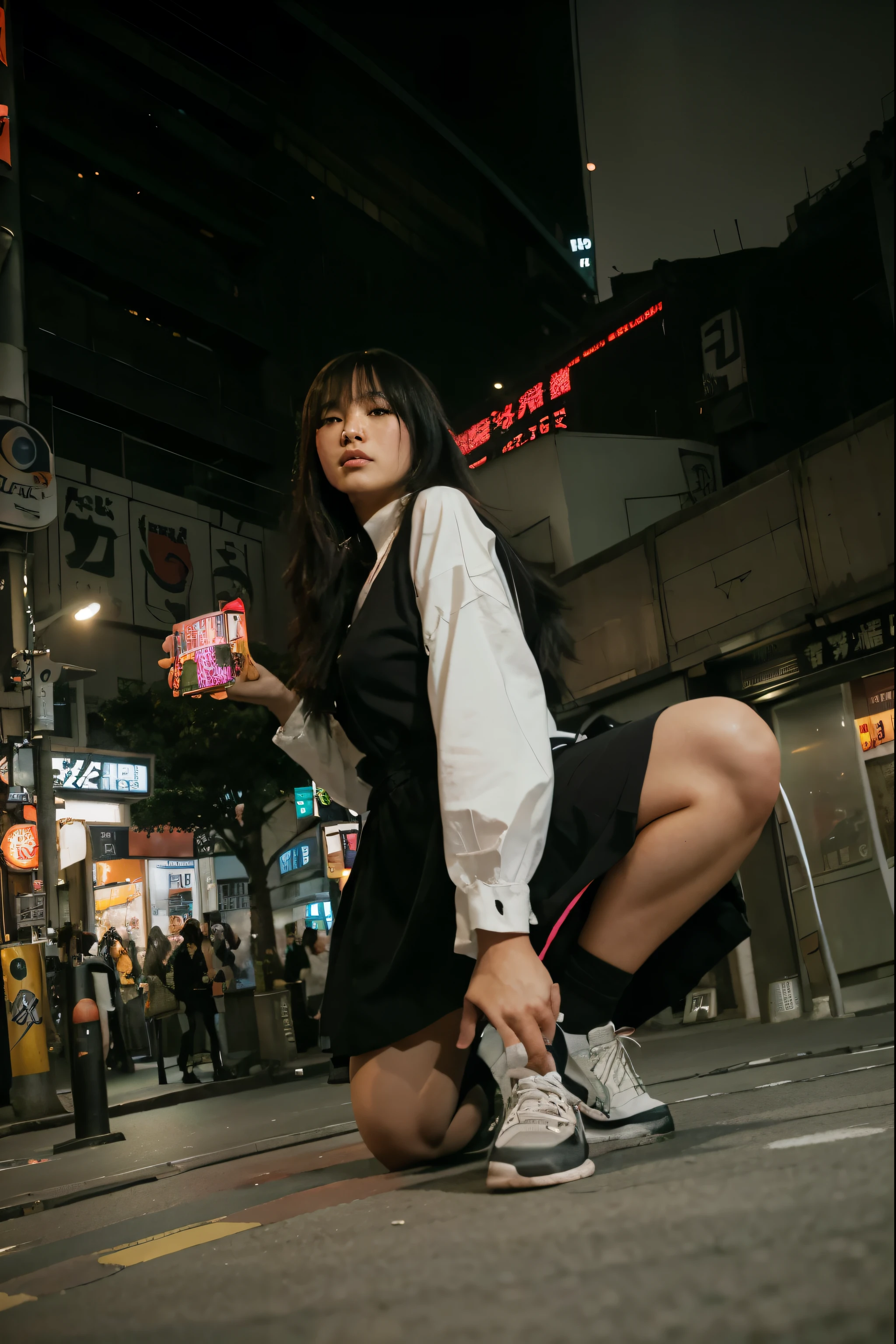 (Best quality, 8k, 32k, Masterpiece, UHD:1.2) "Transport the current image to the bustling and vibrant streets of Shibuya, Tokyo. Capture the energetic and dynamic atmosphere of this iconic Japanese district.

Imagine a lively scene with crowded pedestrian crossings, towering neon billboards, and a mix of modern and traditional architecture. Integrate elements that define Shibuya, such as the famous Shibuya Crossing, vibrant street fashion, and the distinct Tokyo cityscape.

Ensure the streets are filled with a diverse array of people, including pedestrians, commuters, and perhaps some individuals showcasing trendy Harajuku fashion. Experiment with a vivid color palette to capture the electric energy of Shibuya's nightlife, incorporating bright lights, colorful signs, and reflective surfaces.

Consider adding subtle details like cherry blossoms or Japanese lanterns to evoke the essence of Tokyo's rich cultural heritage. Place the image during the evening to enhance the city lights and nightlife ambiance.

Implement dynamic and cinematic lighting to emphasize the urban setting. Experiment with the interplay of light and shadow, showcasing the neon glow and creating depth in the scene.

In summary, transform the image into a captivating representation of the streets of Shibuya, Tokyo, embracing its vibrant urban life, cultural elements, and electrifying atmosphere. Utilize a dynamic color palette, include iconic Shibuya landmarks, and capture the essence of Tokyo's bustling energy."