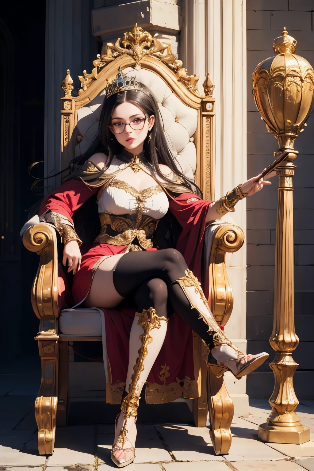 ((best quality)), ((masterpiece)), (detailed), perfect face a beautiful white-toned girl with black and silver hair wearing glasses and tight golden clothes, blue eyes, glossy skin. detailed skin, pink lips with a spear in hand a tiara on her head, full body sitting on a throne  in a castle showing  her beauty from the front angle