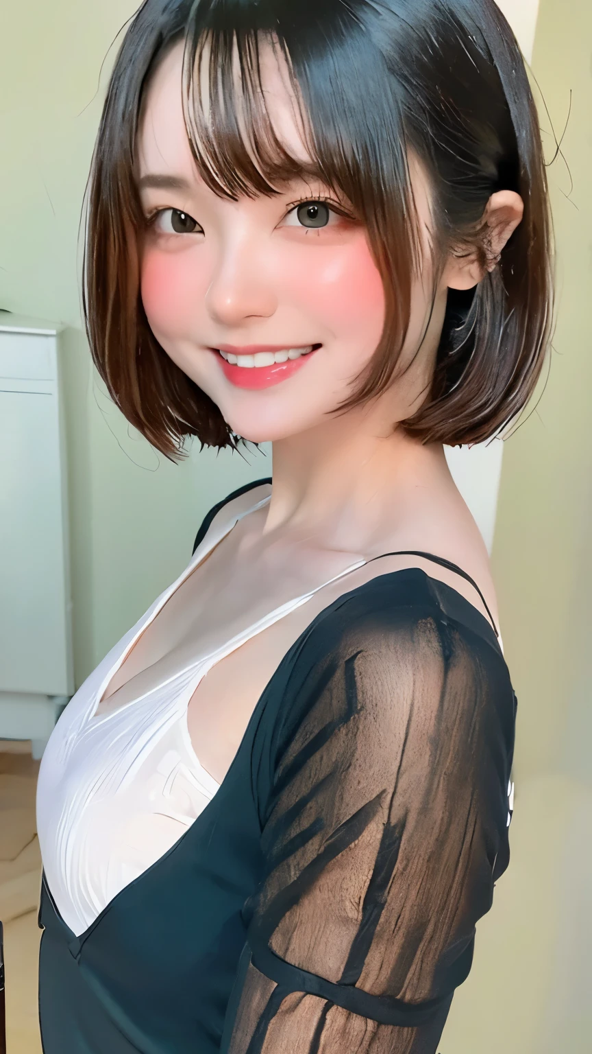 RAW photo、highest quality、super resolution、best image quality、masterpiece、８K、short hair, 20 year old woman, gentle smile, (abstract background,fractal art:1.46)、Stylish black dress:1.3、(((stand upright, facing the center of the screen.)))
