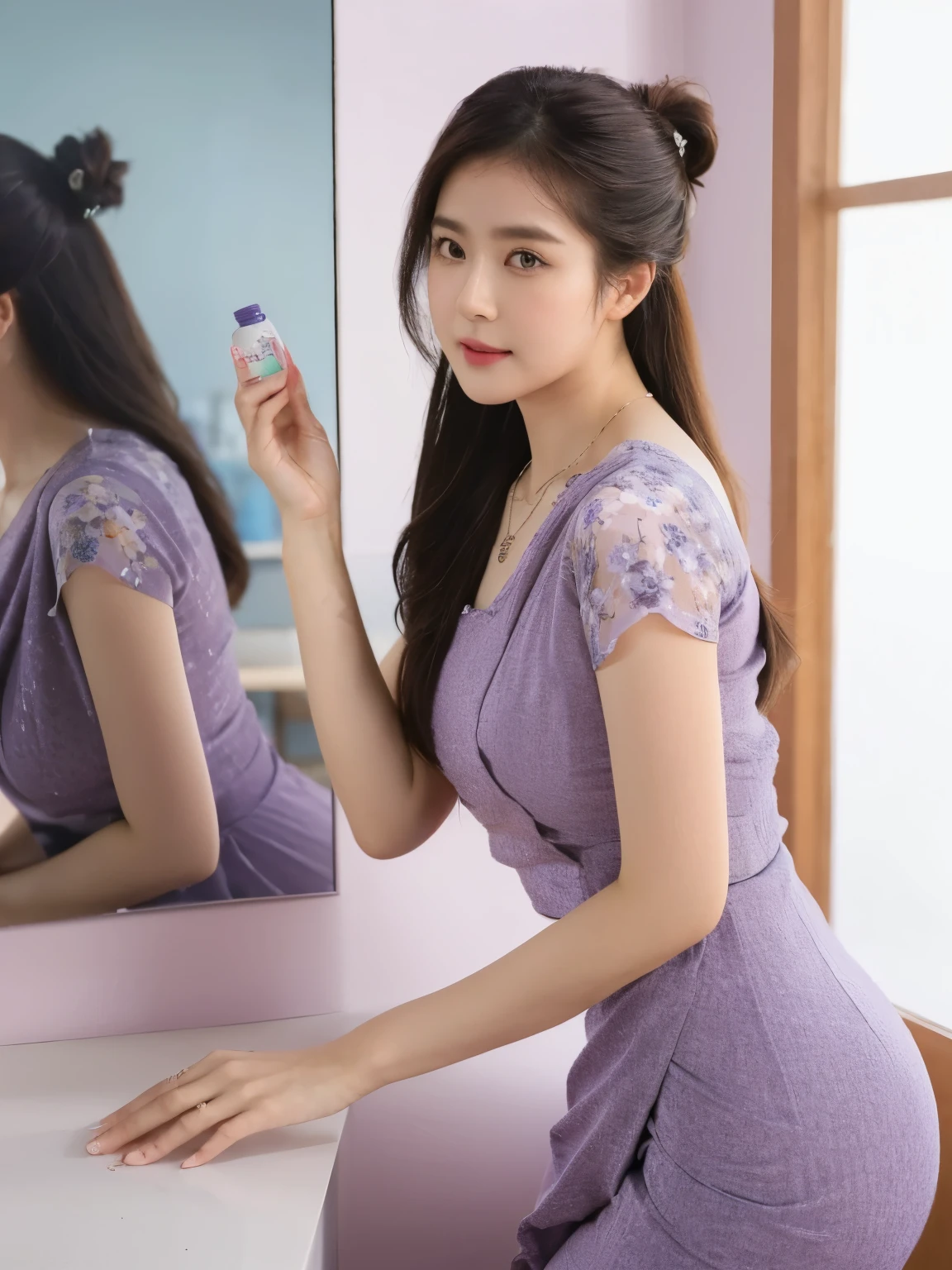 high-definition images, atmospheric perspective, 8k, super detail, accurate, best quality, angle from below, a woman, drooping eyes, sleepy face, blush,(floral purple dress), , necklace, standing portraits ,day scene, pagoda view, hair up, acmm's outfit, black acmm's top , black printed acmm's skirt, holding little serum skincare bottle, posing, in studio, shooting lighting, focus