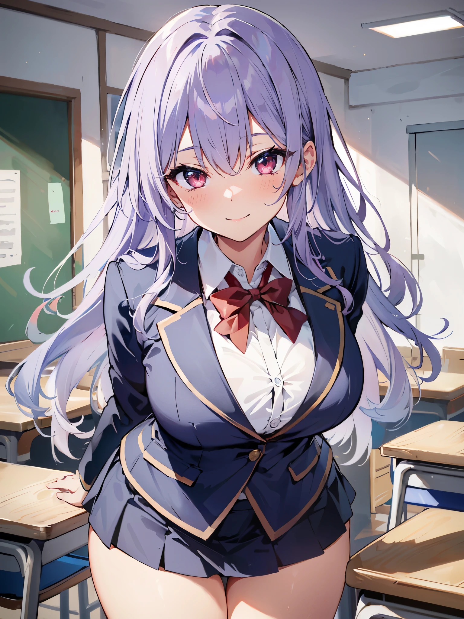 high quality, ultra detailed, best quality, insanely detailed, beautiful, masterpiece, 1girl, solo, illustration, class room, cowboy shot, looking at viewer, red eyes, long hair, bangs, purple hair, blazer, mini skirt, large breasts, closed mouth, smile, blush