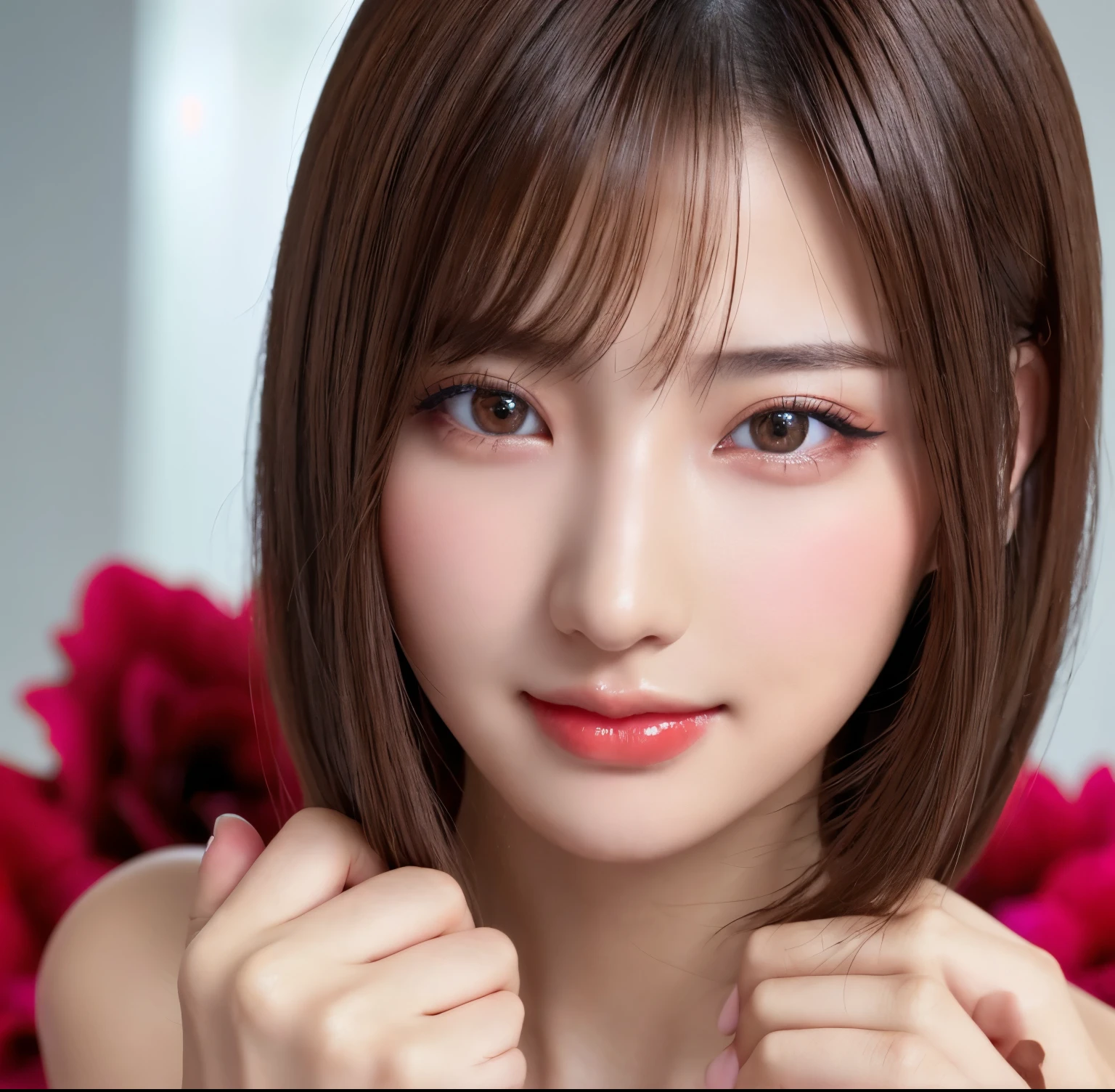 ((Photo from thighs up:1.6))、(Naked beautiful girl:1.4)、(highest quality、table top、8k、best image quality、Award-winning work)、(one young girl, :1.3)、(Beautiful girl who is completely naked:1.5)、(red eyeshadow:1.2)、perfect makeup、long eyelashes、Super high-definition sparkling eyes、ultra high definition hair、ultra high resolution glossy lips、Super high resolution perfect teeth、Super high resolution cute face、bright brown hair:1.4、(very short straight hair:1.1)、look at me and smile、[clavicle]、accurate anatomy、(close up of face:1.5)、Luxury love hotel、(The most moody warm lighting:1.2)、blurred background、With bangs、Super high-resolution glossy and moisturized face、Super high-resolution glowing skin、most detailed face、Ultra high resolution detailed faces、ultra high resolution hair、Super high resolution sparkling eyes、Beautiful face drawn in every detail、Super high resolution glossy red lips