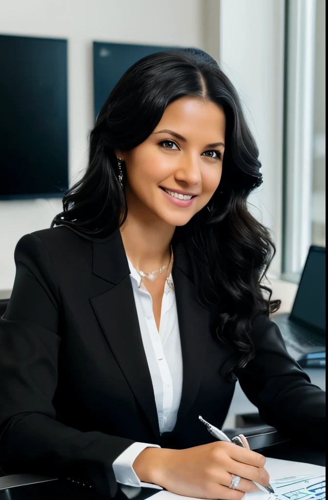 Masterpice, 1 professional,white Caucasian female ,black medium wavy hair, working on data analysis of credit in a home office. She should be dressed in formal all black outfit, sitting at a desk with a computer and relevant documents, all black outfit, sharp focus, 27 years, smilling, small breats