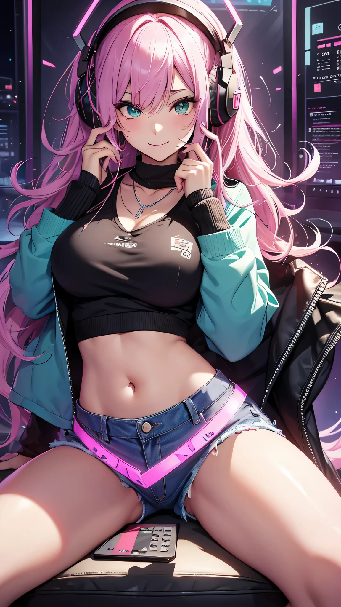 最high quality、best image quality、masterpiece、girl((20-year-old、 By becoming、vest bust、medium bust,wide open breast tea、shining eyes, neon hair、long hair、thin,highest valley、Damaged Denim Shorts、black navel shirt、Damaged Denim Jacket、smile、full body tattoo,diamond earrings、Wristband、necklace、I have headphones、leaning forward、elation、have a controller、Get angry)),high quality、beautiful art、background((game room、red lighting、green lighting))、Flight、debris flies、Depth of written boundary、movie、visual art、perfect art、8k,genuine、