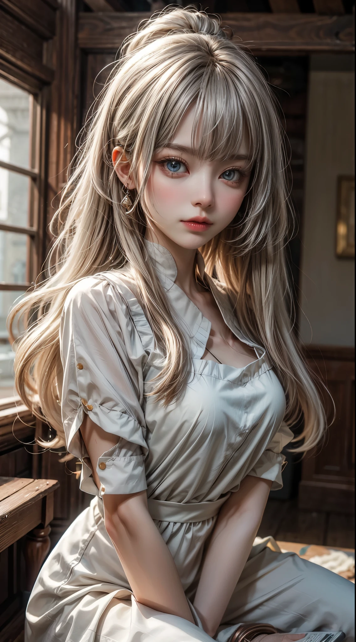 bright look、photorealism、highest quality、超A high resolution、photograph、スカンジナビアから来たとても美しい女の子のphotograph、extraordinary beautiful girl、cute and beautiful face details、(face to face with the children_v1:0.008)、beautiful bangs、alice in wonderland、18-year-old、radiant white skin、facial hair、Bangs that extend to the face、bangs between eyes、super long hair、Silky straight super long hair with an attractive pale platinum blonde color.、thin hair、shine beautifully、Attractive, bright and clear light blue eyes、white apron、yellow dress、eyeliner、double eyelid、rich bust、random sexy pose、goblin