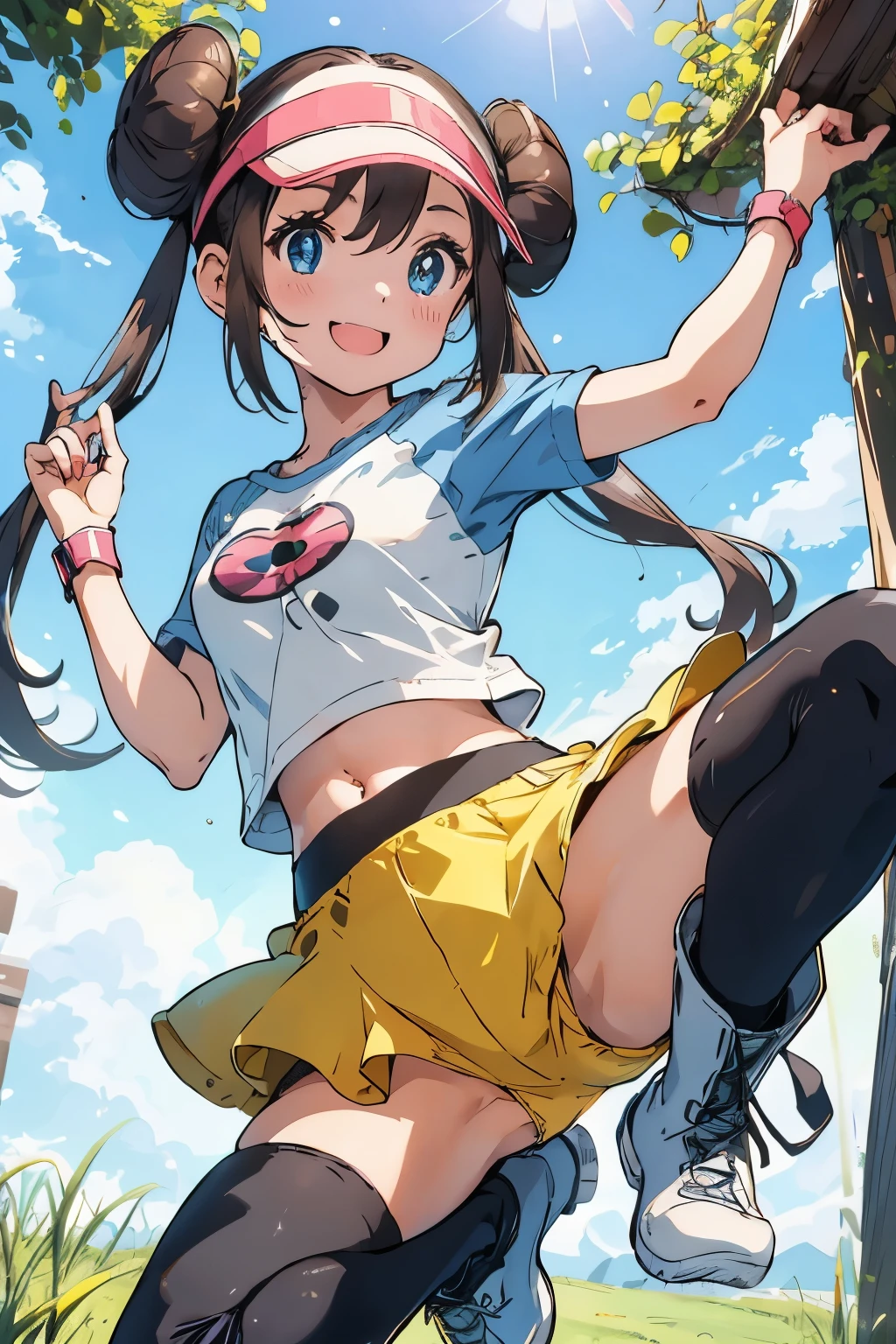 table top、highest quality、High resolution、1 girl、solo、short height、thin legs、belly button、smile、tits、dark brown hair、bun hair、blue eyes、long twin tails、visor cap、((black tights、boots))、raglan sleeves、white panties、((short yellow shorts))、shirt、pink ribbon、clock、plateau、Overgrown with grass、A photo of the subject taken from below、(Are standing、Dancing)、sexual pose、Are standing、spreading legs