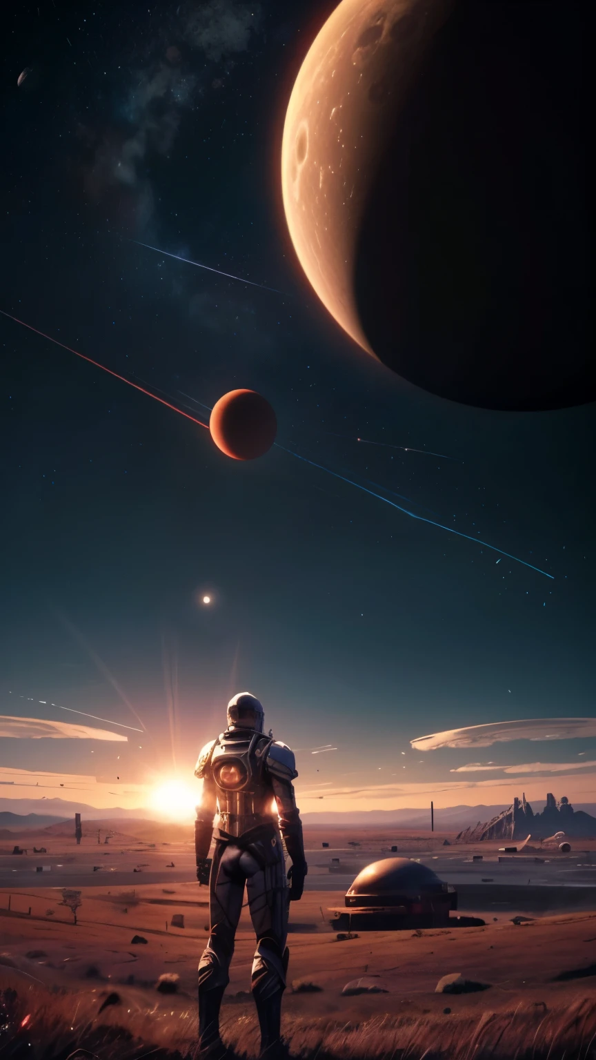 arafed view of a man standing in a field with a planet in the background, a screenshot inspired by Epsylon Point, tumblr, fantastic realism, moons in background, over looking saturn, imperial city in the distance, invading kashyyyk, space ship in the distance, overlooking a desolate wasteland, ultra wide gameplay screenshot, solitude seen in the distance