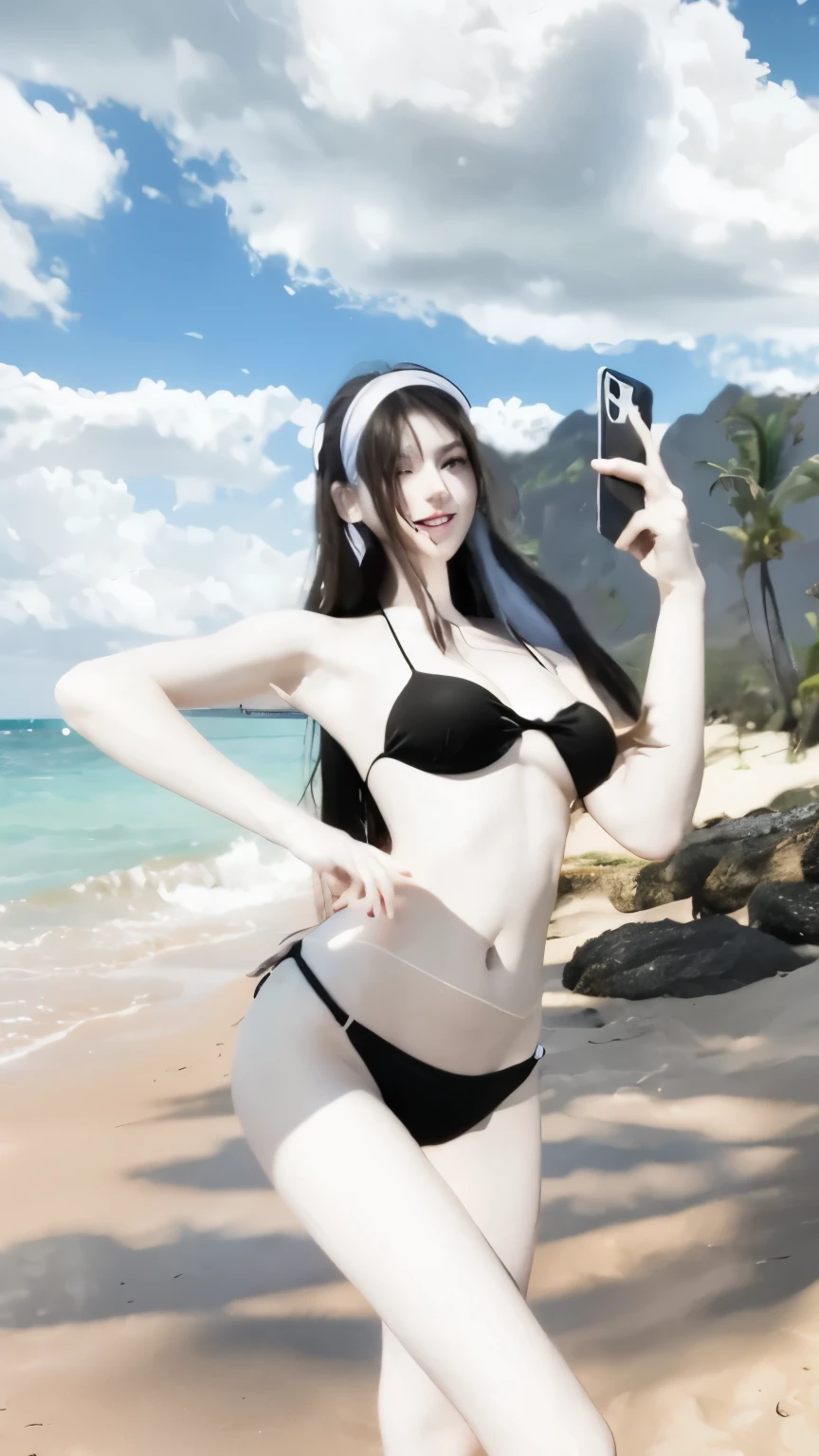 Outdoor, beach, 1girl, wearing bikini and hold an handphone , glowing eyes, long hair, happy face, day, realistic, 8k, Unreal engine, ultra detailed, photorealistic