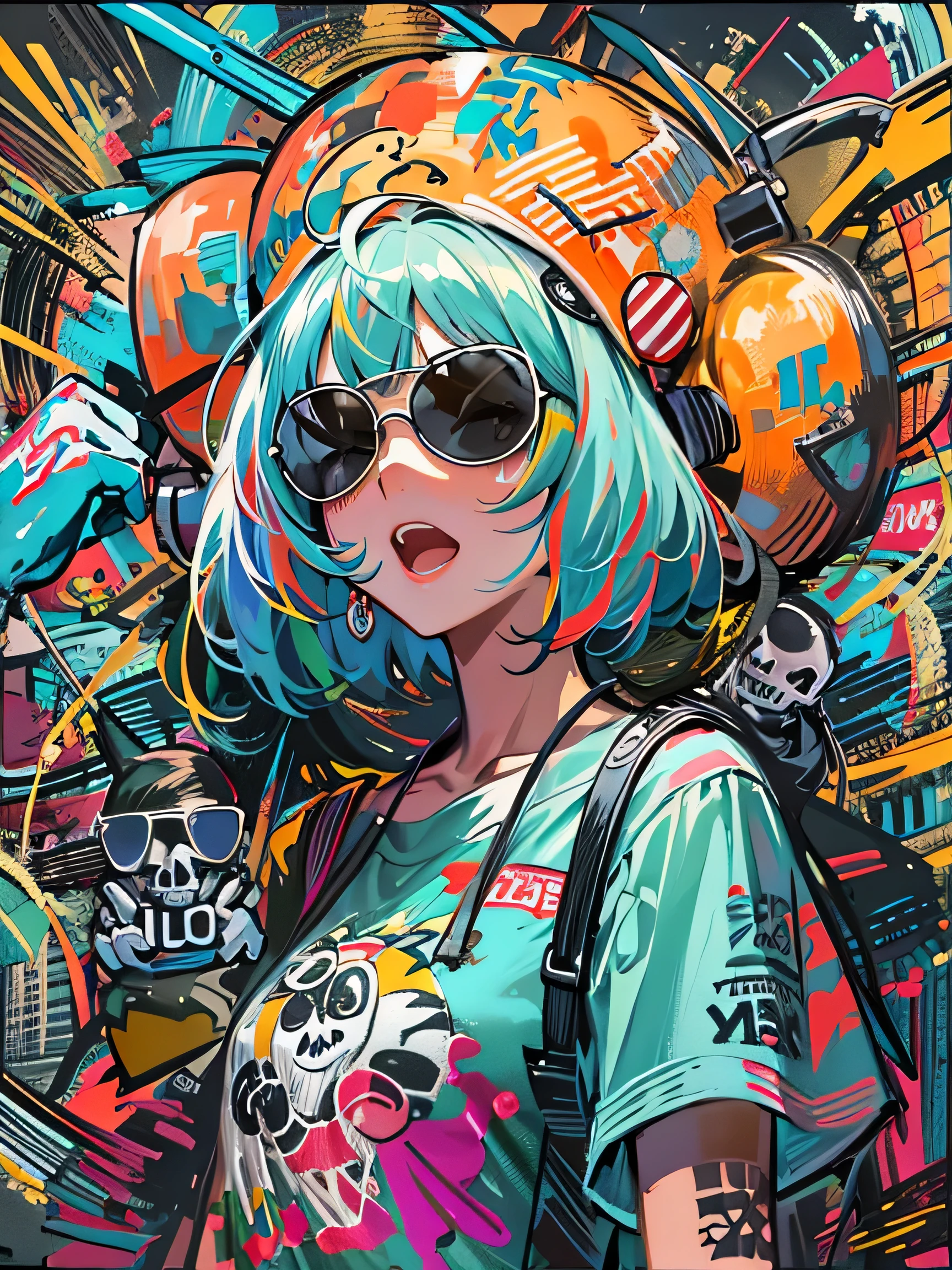 8K resolution、((highest quality))、((masterpiece))、((Super detailed))、1 female、alone、(((The strongest beautiful girl of all time)))、((incredibly absurd))、(((Stylish sunglasses))), Stylish hats,neon、bob cut hair、 (((skull graffiti art))), colorful hair,