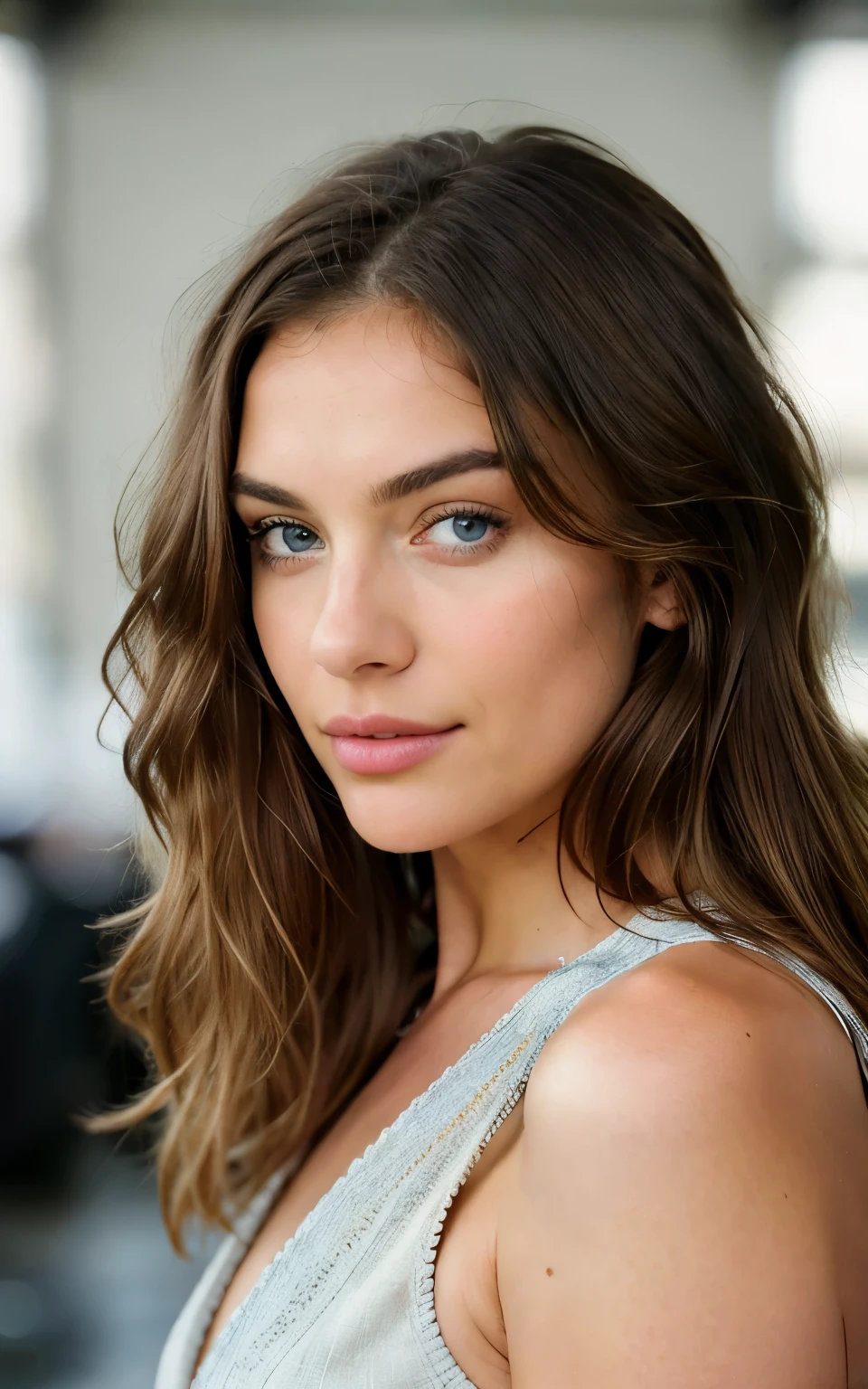 Beautiful brunette with blonde highlights in hair saloon , highly detailed, 22 years old, innocent face, natural wavy hair, blue eyes, high resolution, Masterpiece, Best quality, Intricate high detail, Highly detailed, Sharp focus, Detailed skin, realistic skin texture, texture, detailed eyes, professional, 4k, charming smile, shot on Canon, 85mm, shallow depth of field, Kodak Vision Color, Perfect Fit Body , extremely detailed, photography_\(ultra\), Photorealistic, Realistic, Post-processing, maximum details, roughness, real life, ultra realistic, Photorealism, photography, 8k UHD, photography,