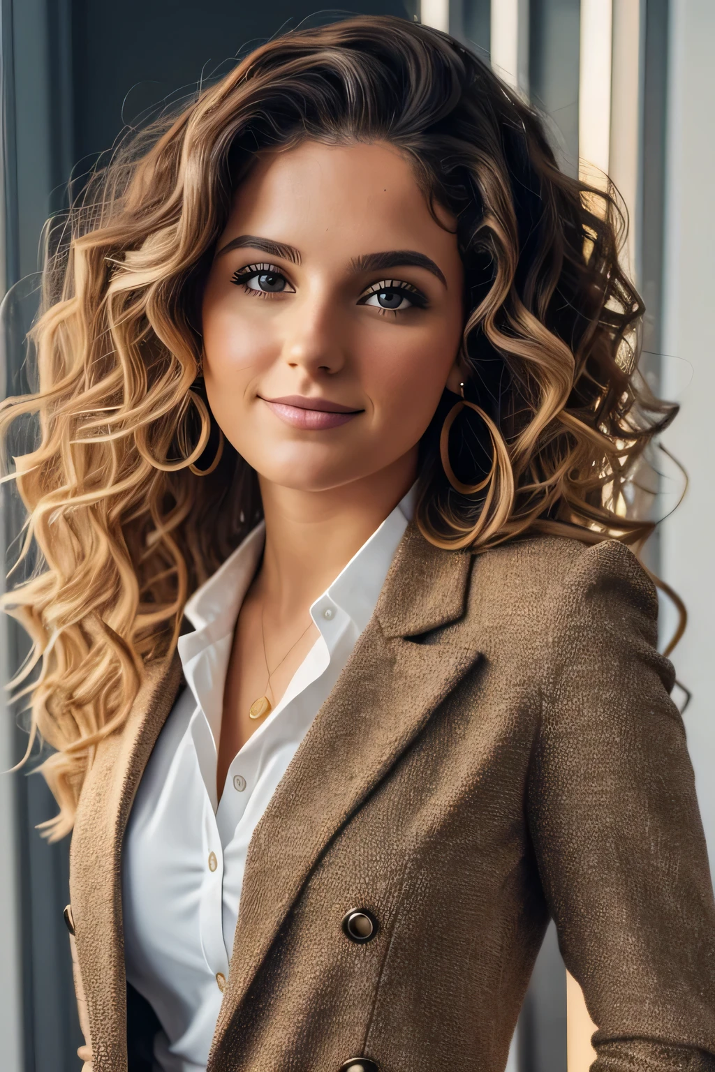 White woman, 25 years old, light features, slight smile on her face, caucasian, realistic, wavy to curly hair with no volume, with a blazer and dress blouse, her pose is holding the blazer, brown eyes, the background is an office